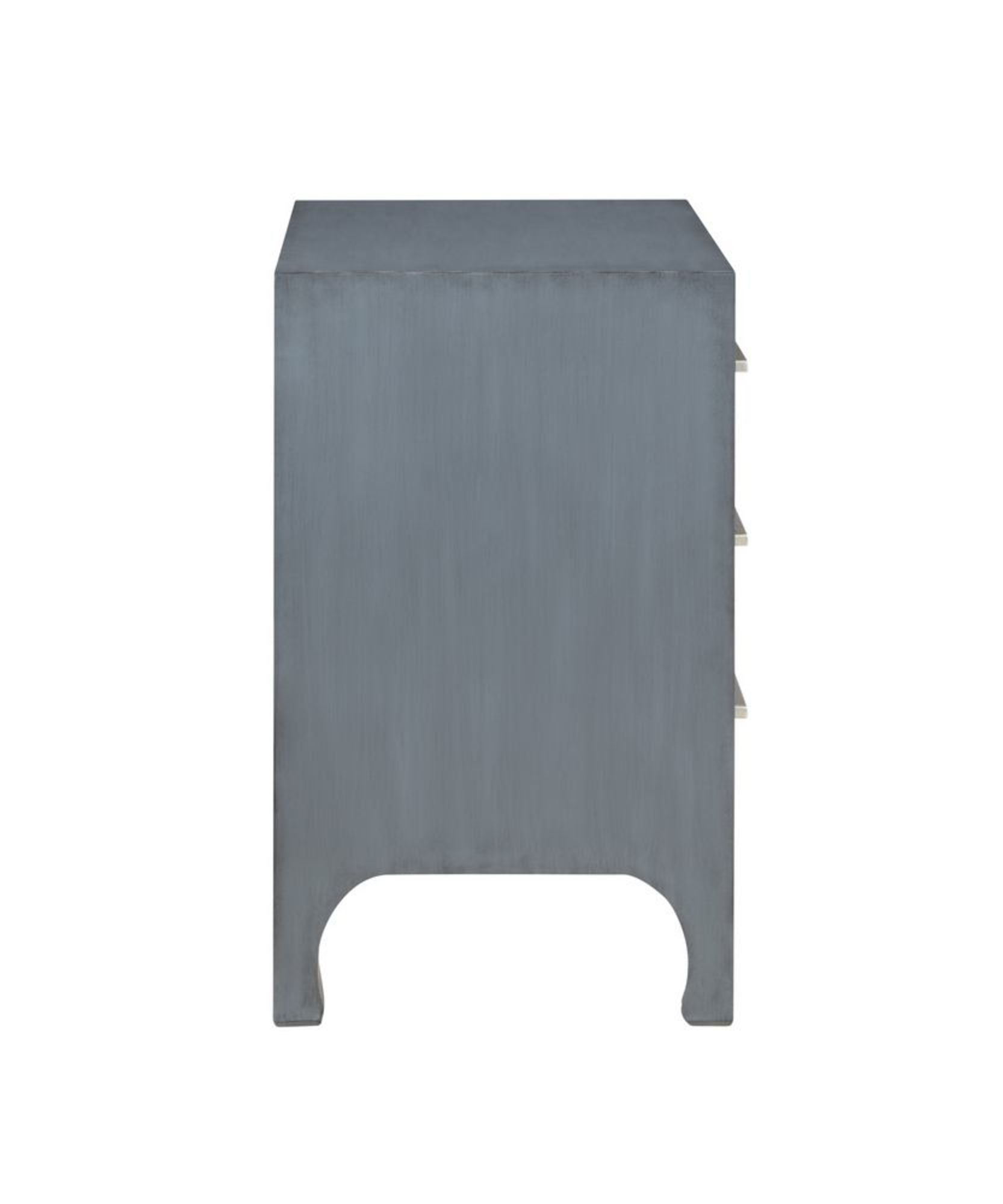 Blue Wooden 3 Drawer Room Dresser with Curved Drawer Frames and Legs and Silver Bar Handles