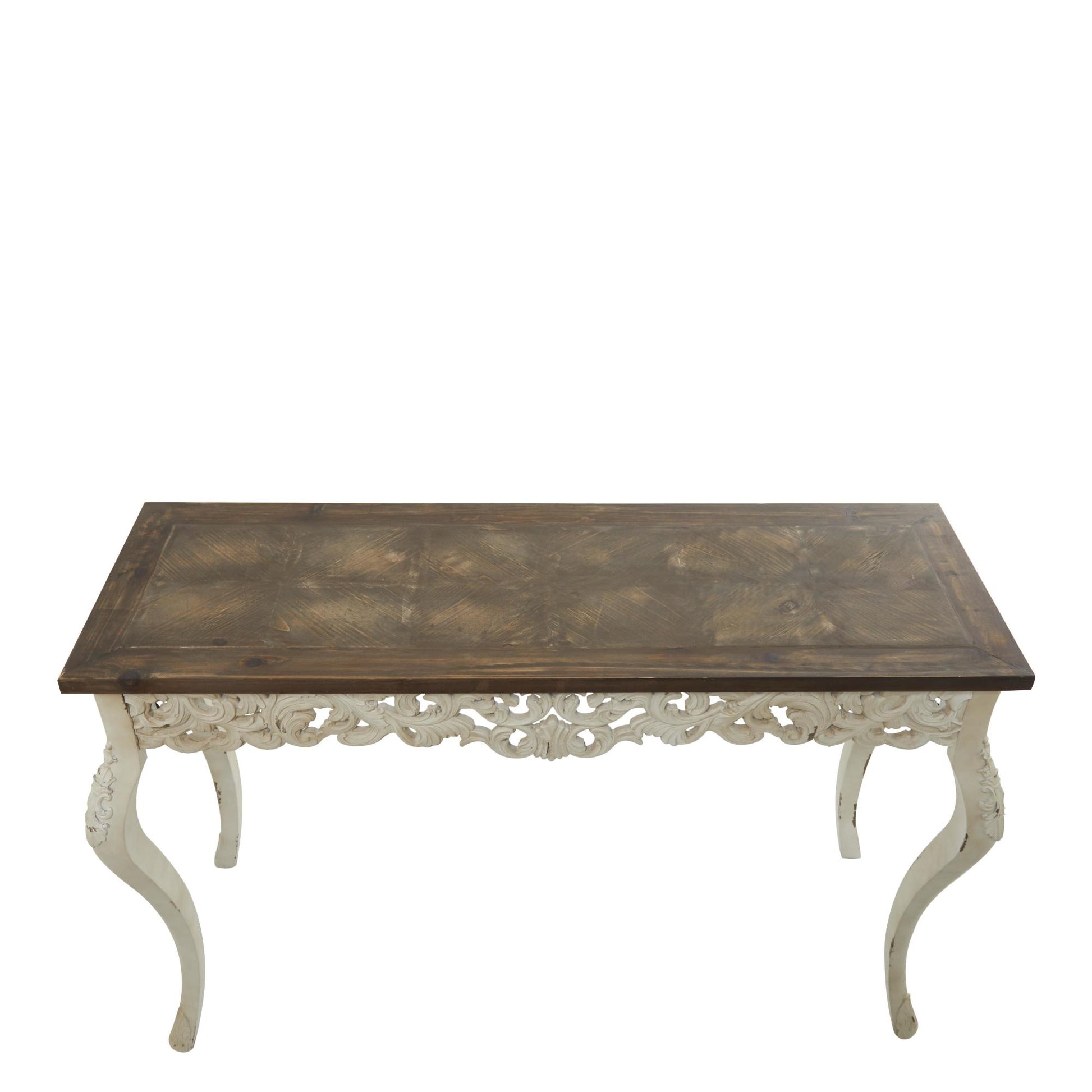 Scroll White Wood Intricately Carved Living Room Console Table with Brown Wood Top