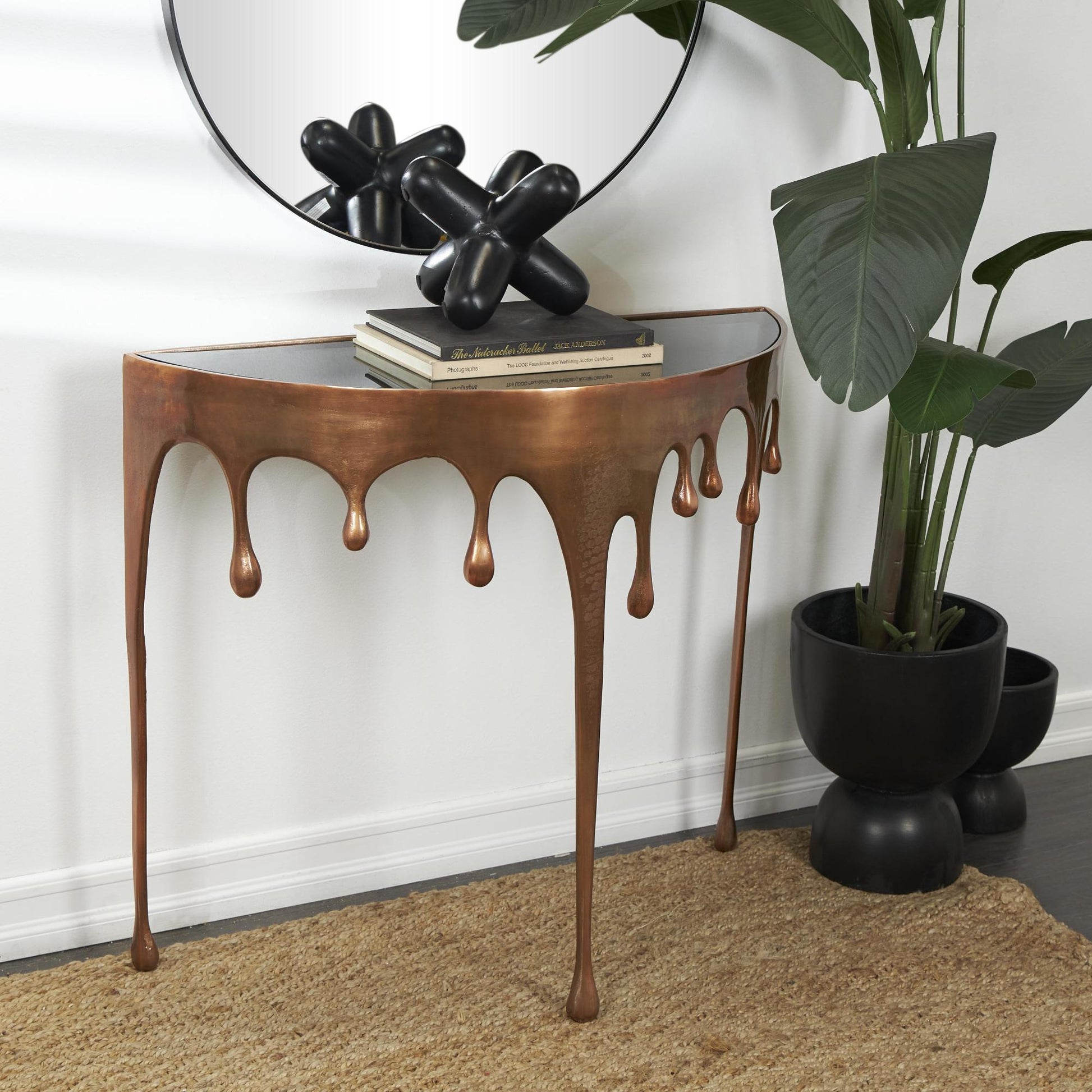 Abstract Aluminum Metal Crescent Drip Living Room Console Table with Melting Design Legs and Glass Top