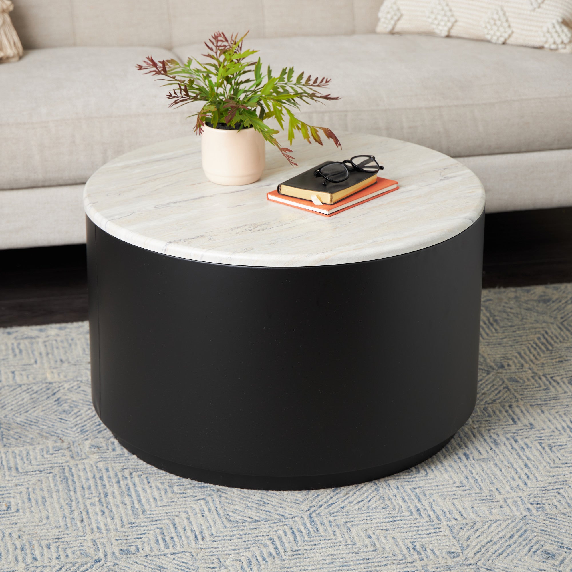 Black Metal Pedestal Coffee Table with Faux White Marble Top