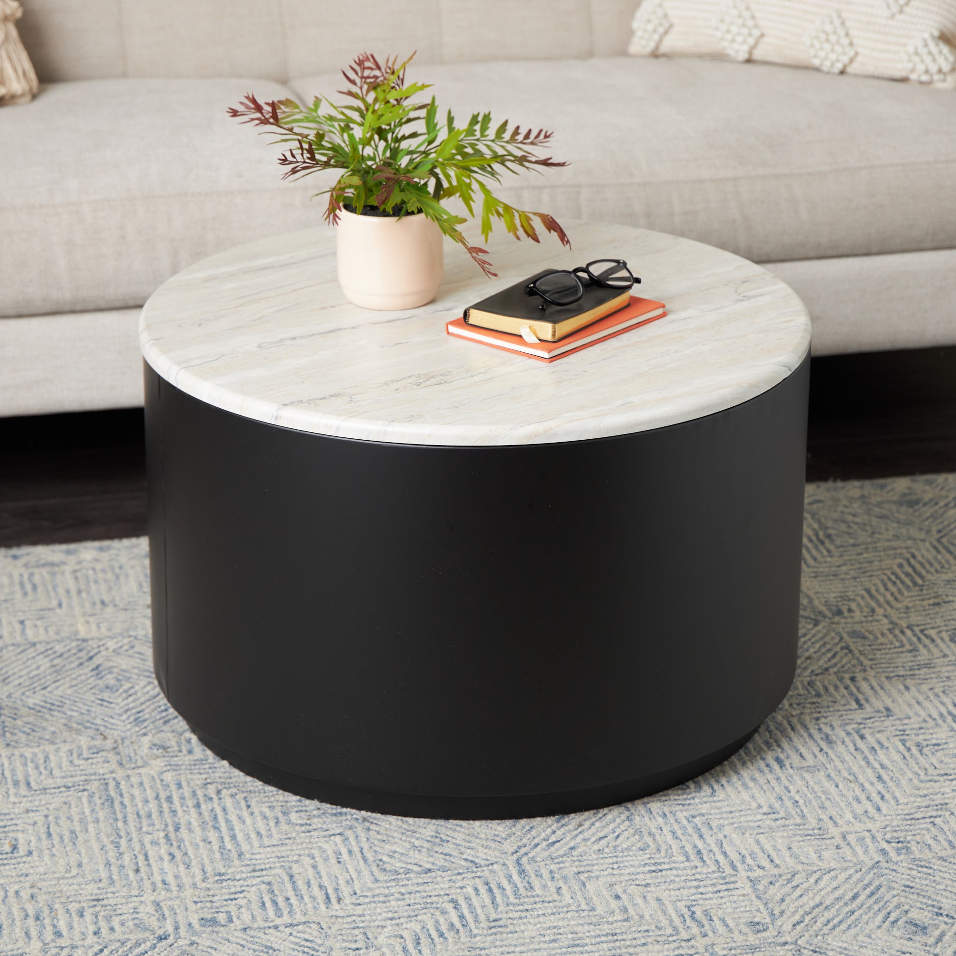Black Metal Pedestal Coffee Table with Faux White Marble Top