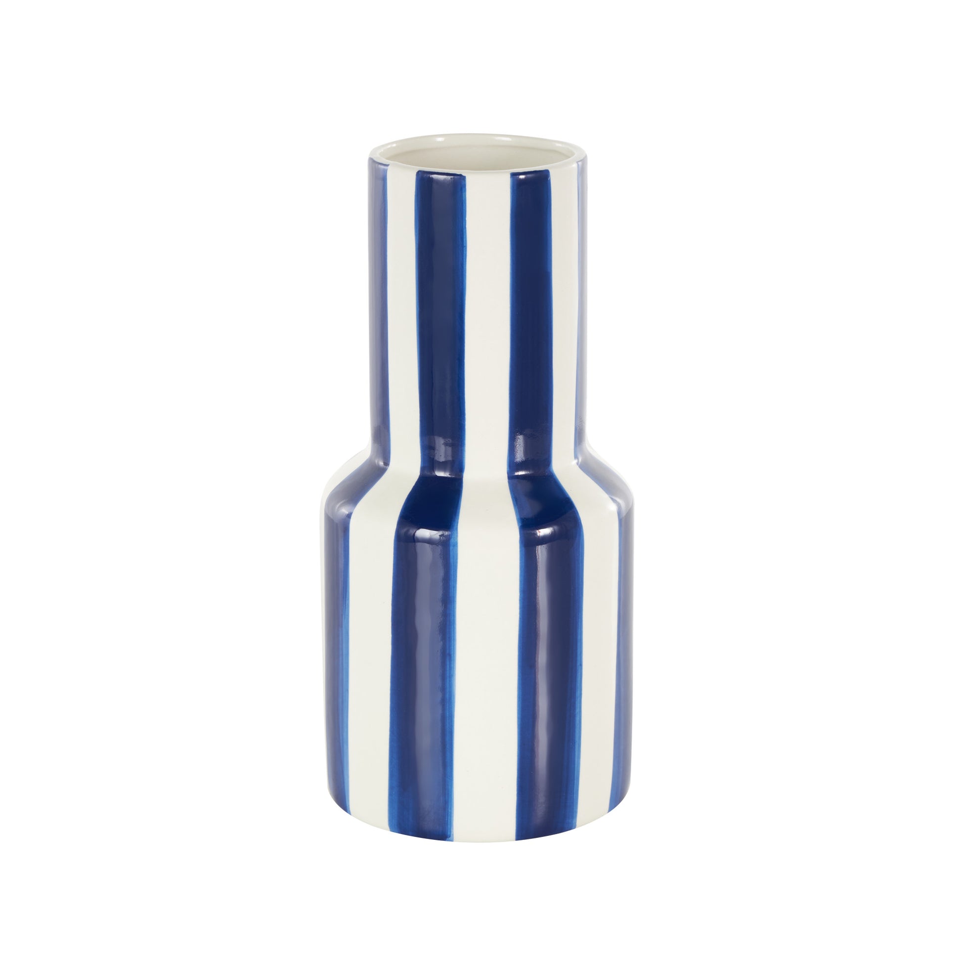 Ceramic Round Decorative Vase with Blue Vertical Stripes 5" x 5" x 11"
