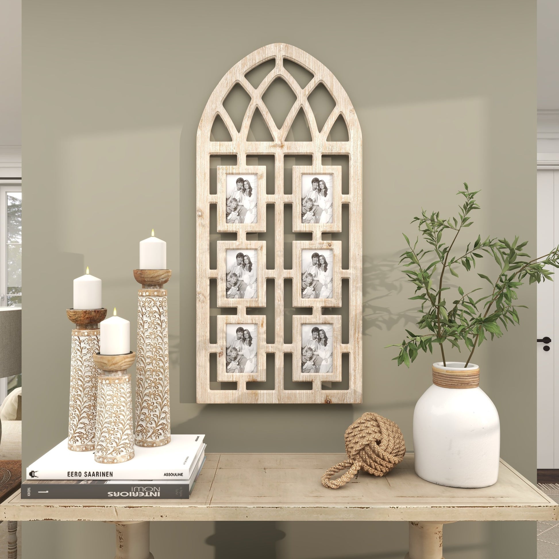 Light Brown Wooden 6 Slot Ornate Wall Photo Frame with Window Arch Shape
