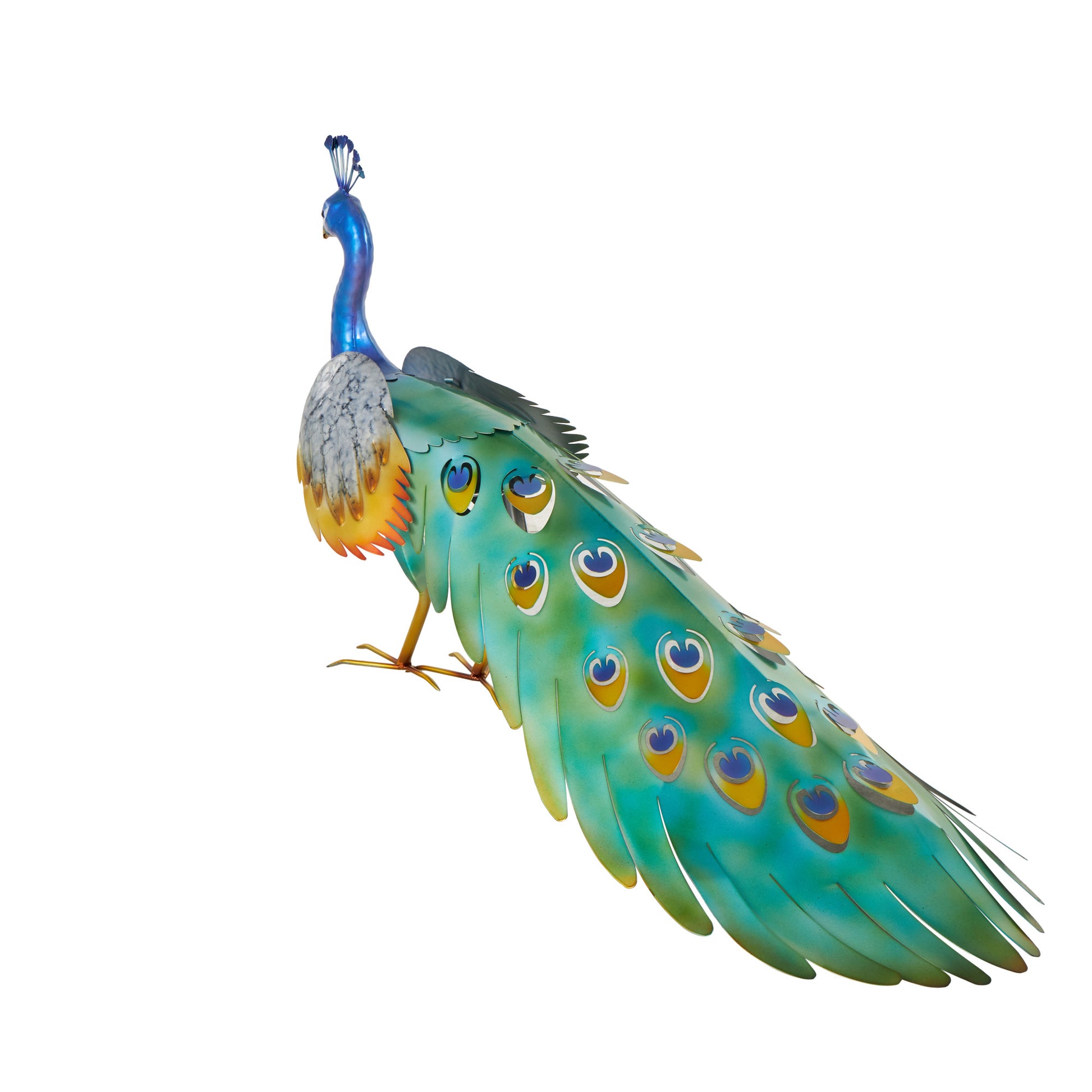 Peacock Blue Metal Decorative Garden Sculpture with Gold Legs and Teal Wings