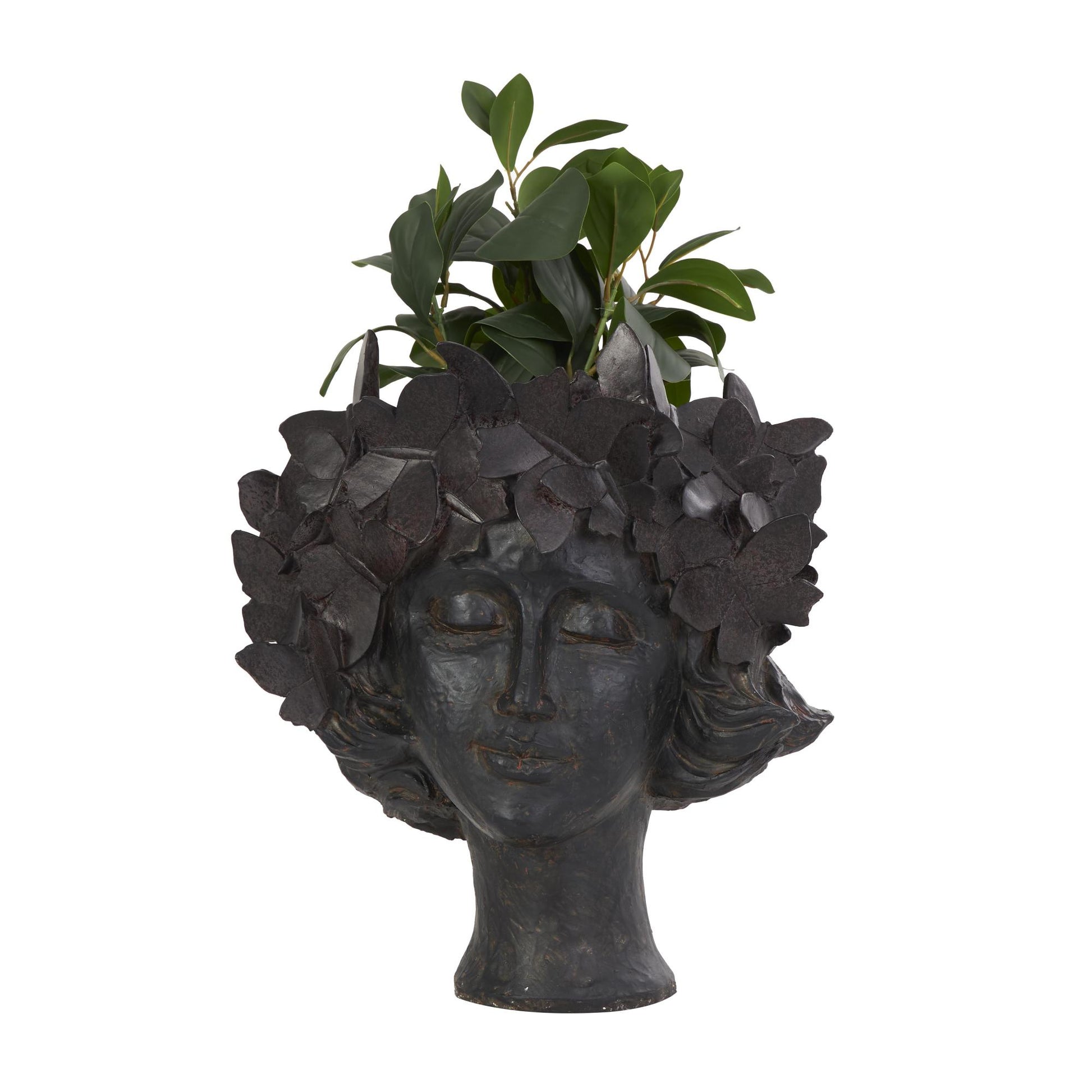 Woman Bronze Resin Head Indoor Outdoor Planter with Wide Opening and Butterfly Accents
