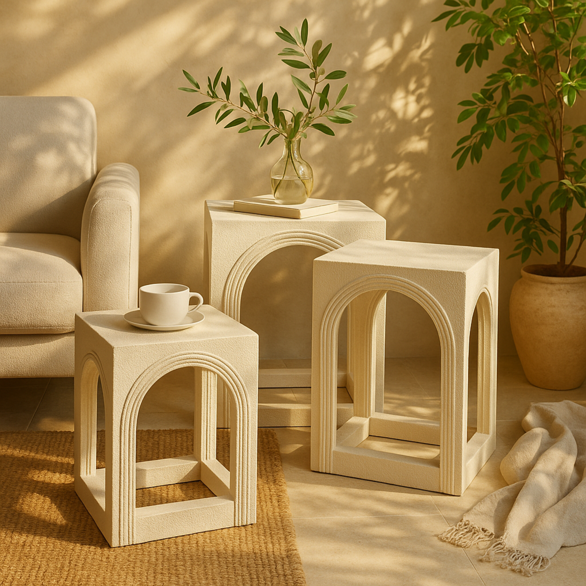 Set of 3 White Metal Nested Side End Accent Table with Arched Cutouts