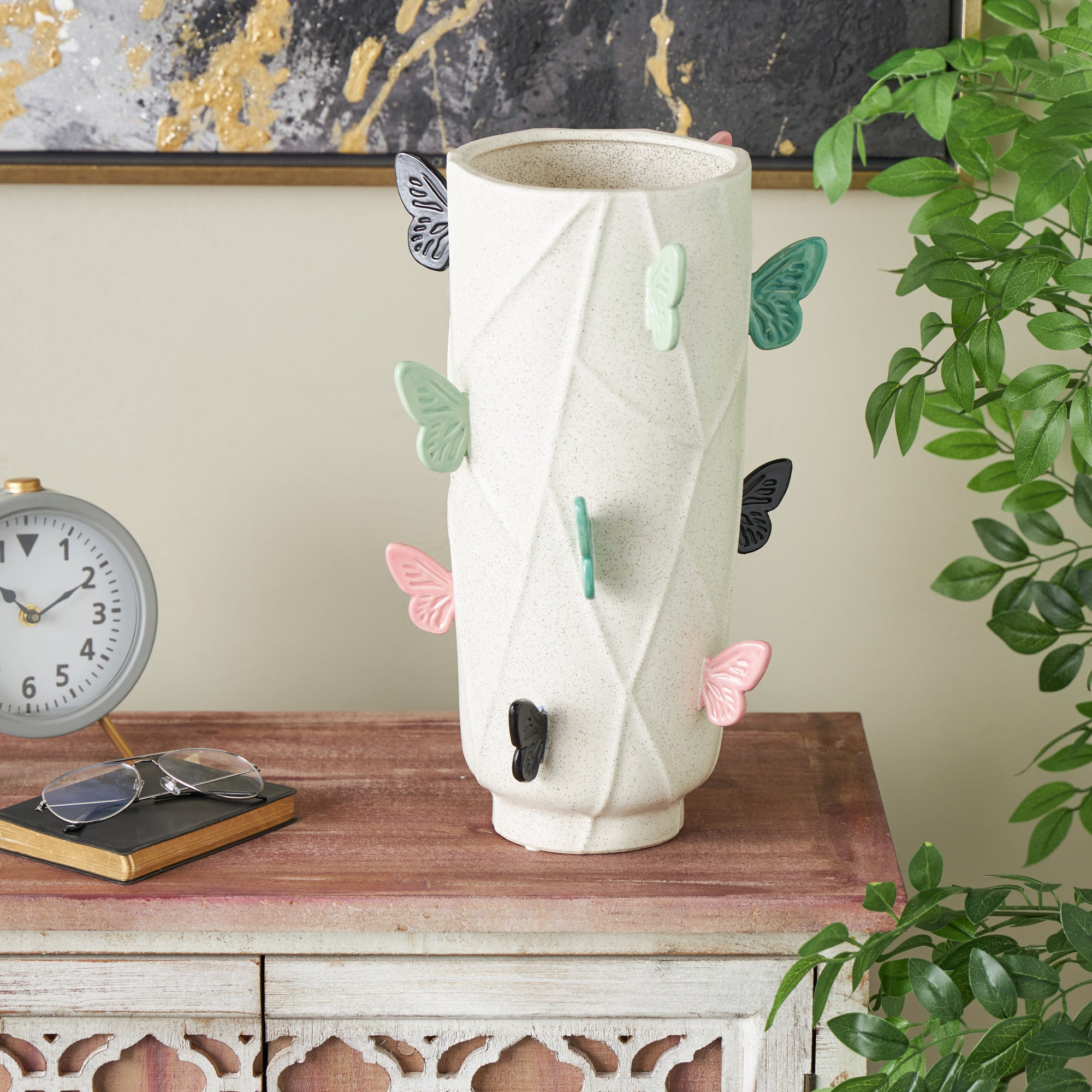 Butterfly White Ceramic Wide Decorative Vase with Multicolor Accents