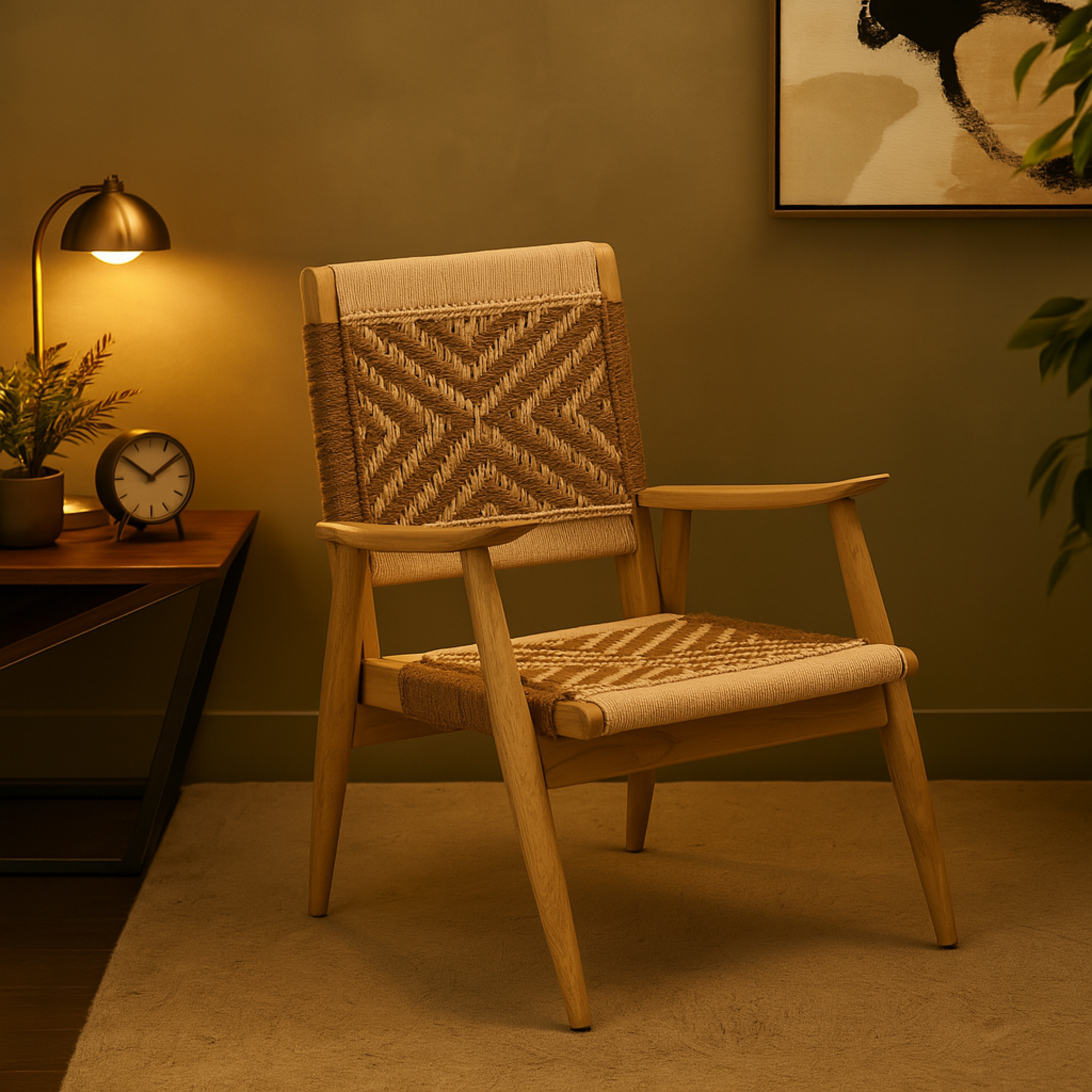 Jute Rope Handmade Geometric Patterned Woven Living Room Accent Chair with Brown Mango Wood Frame 23" x 23" x 33"