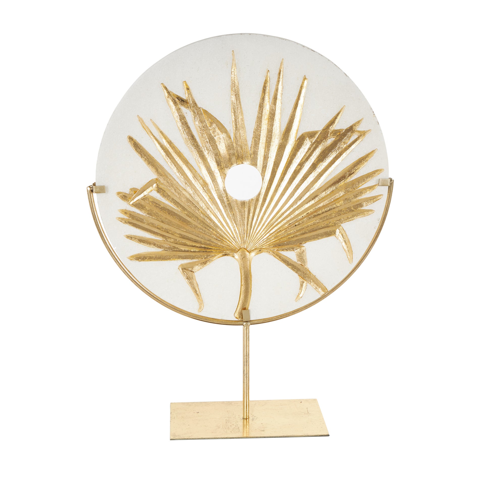 Leaf White Polystone Cutout Round Disk Decorative Sculpture with Gold Stand