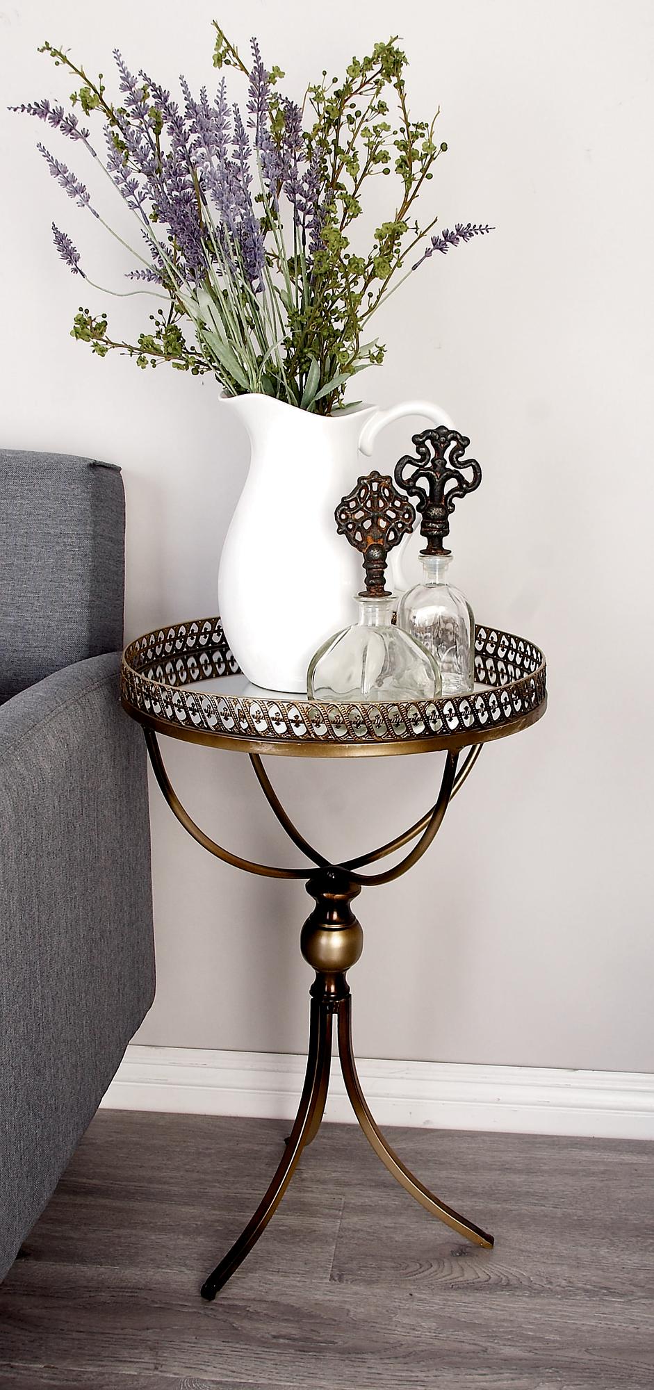 Brass Metal Vintage Inspired Side End Accent Table with Mirrored Glass Tray Top