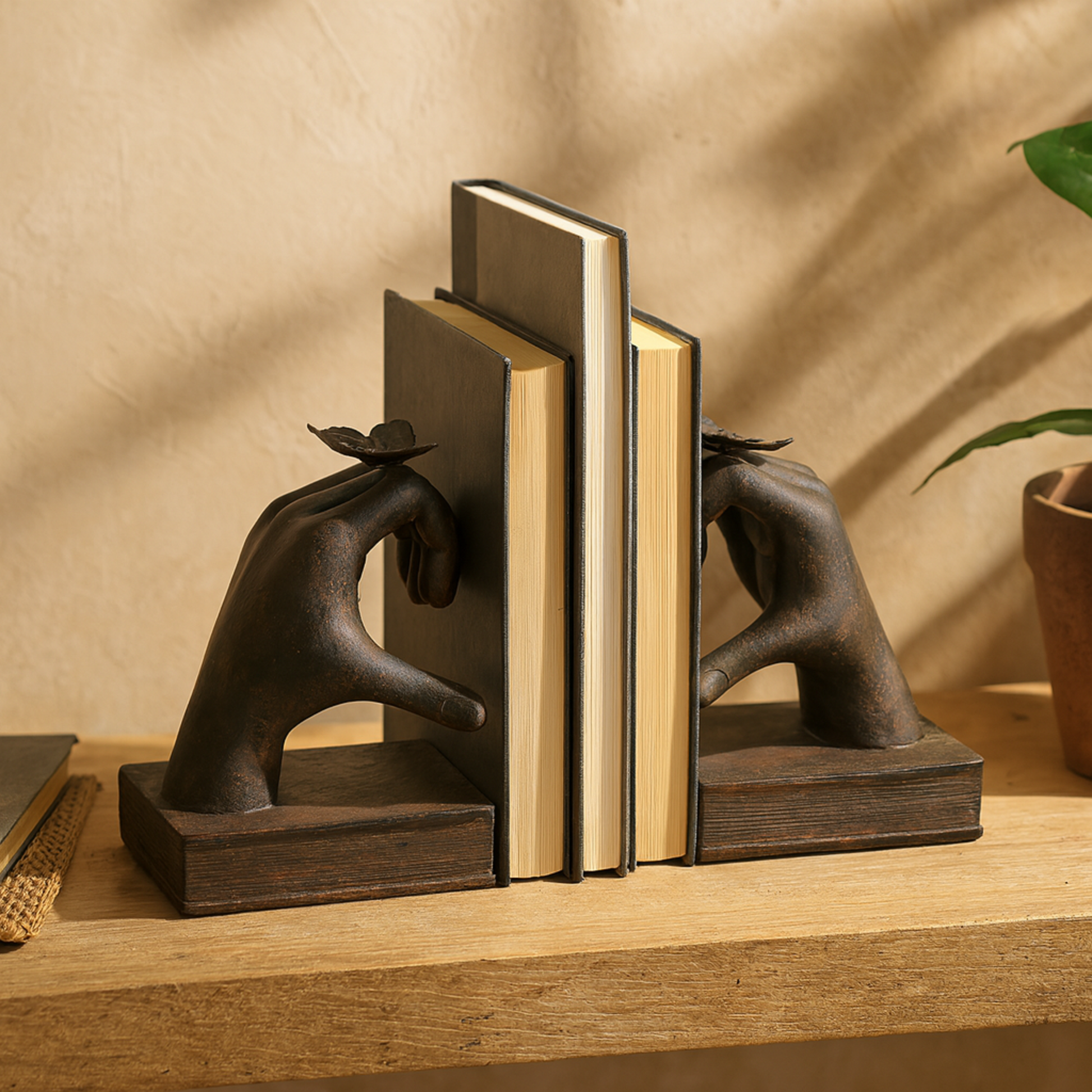 Set of 2 Hands Dark Brown Resin Heart Inspired Decorative Bookends with Butterfly and Copper Accents