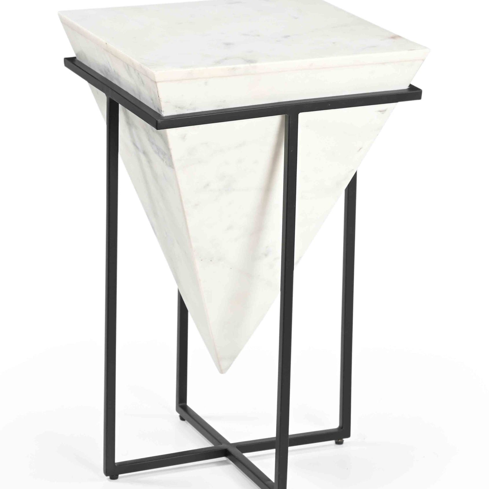 Geometric White Marble Pyramid Side End Accent Table with Black Iron X Cross Legs