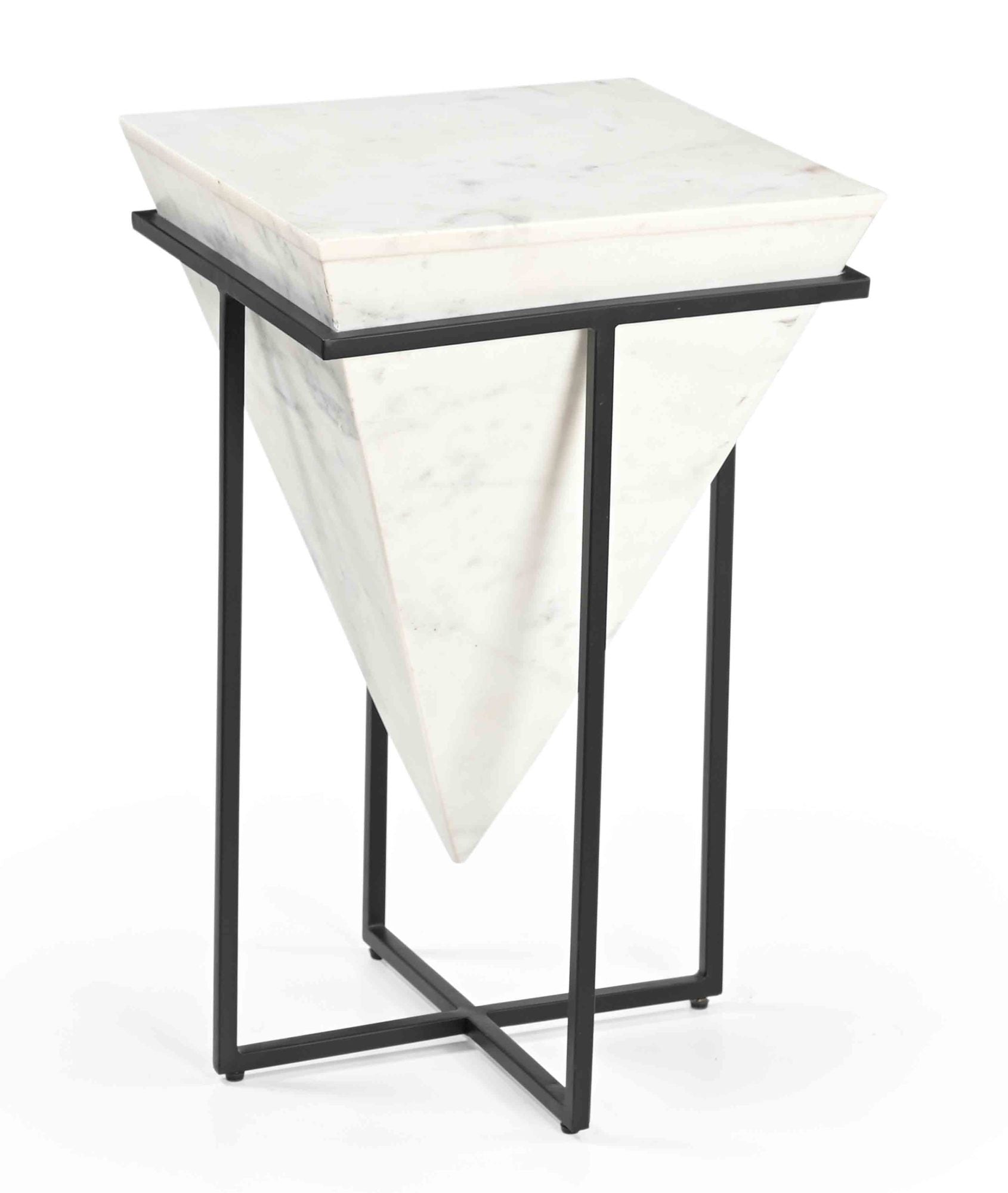 Geometric White Marble Pyramid Side End Accent Table with Black Iron X Cross Legs