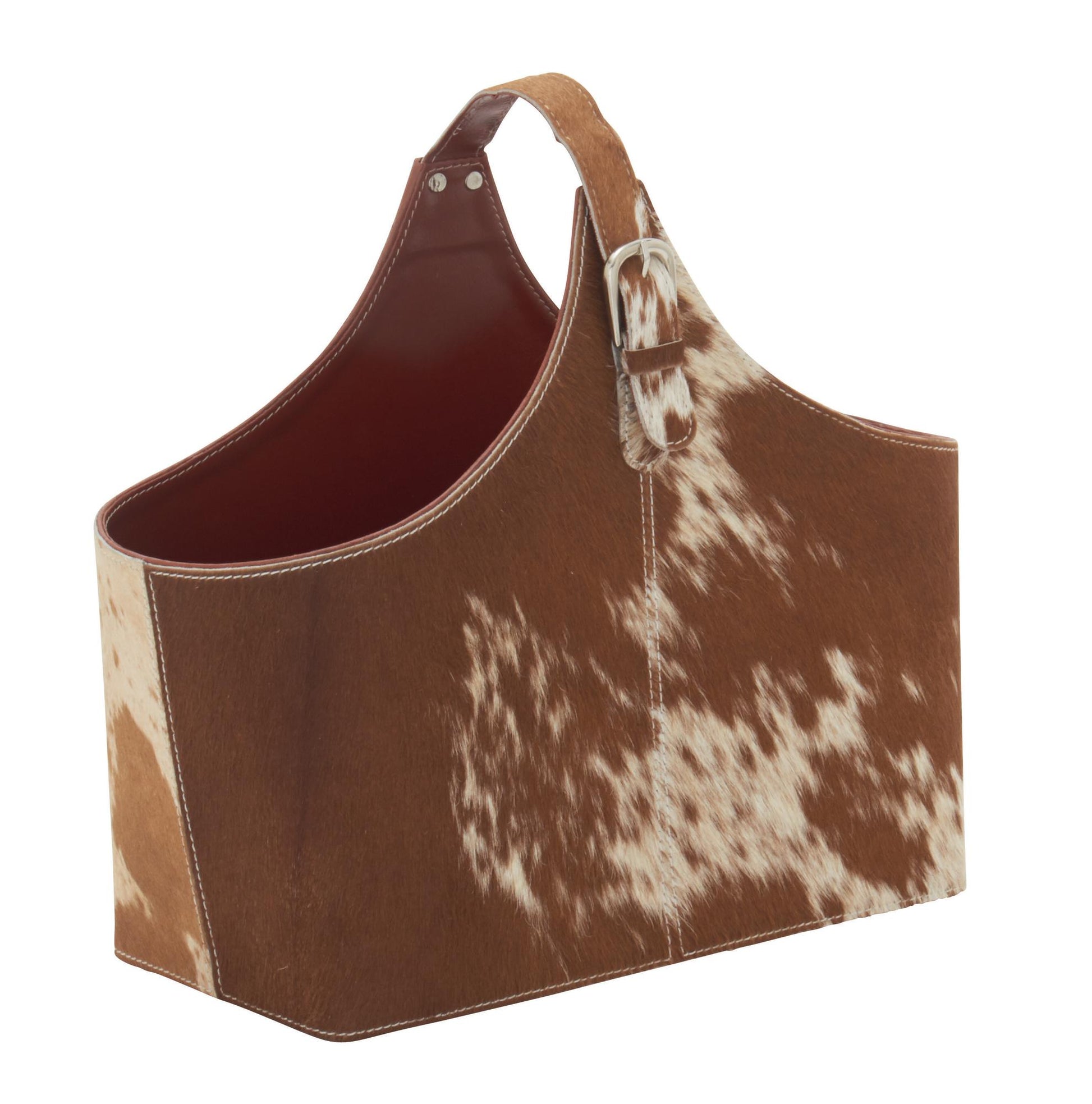 Leather Handmade Box Style Decorative Magazine Holder with Detail Stitching and Curved Buckle Handle