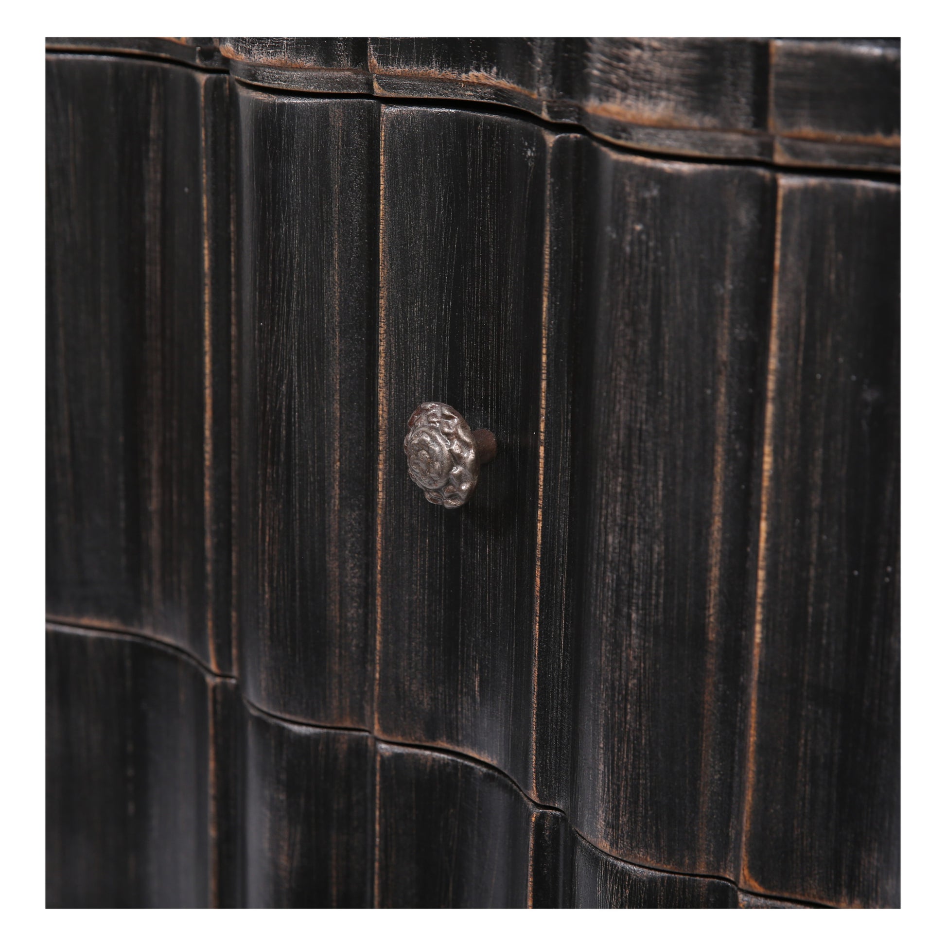 Black Mango Wood Distressed Scalloped 3 Drawer Room Chest with Vintage Knobs and Ball Feet