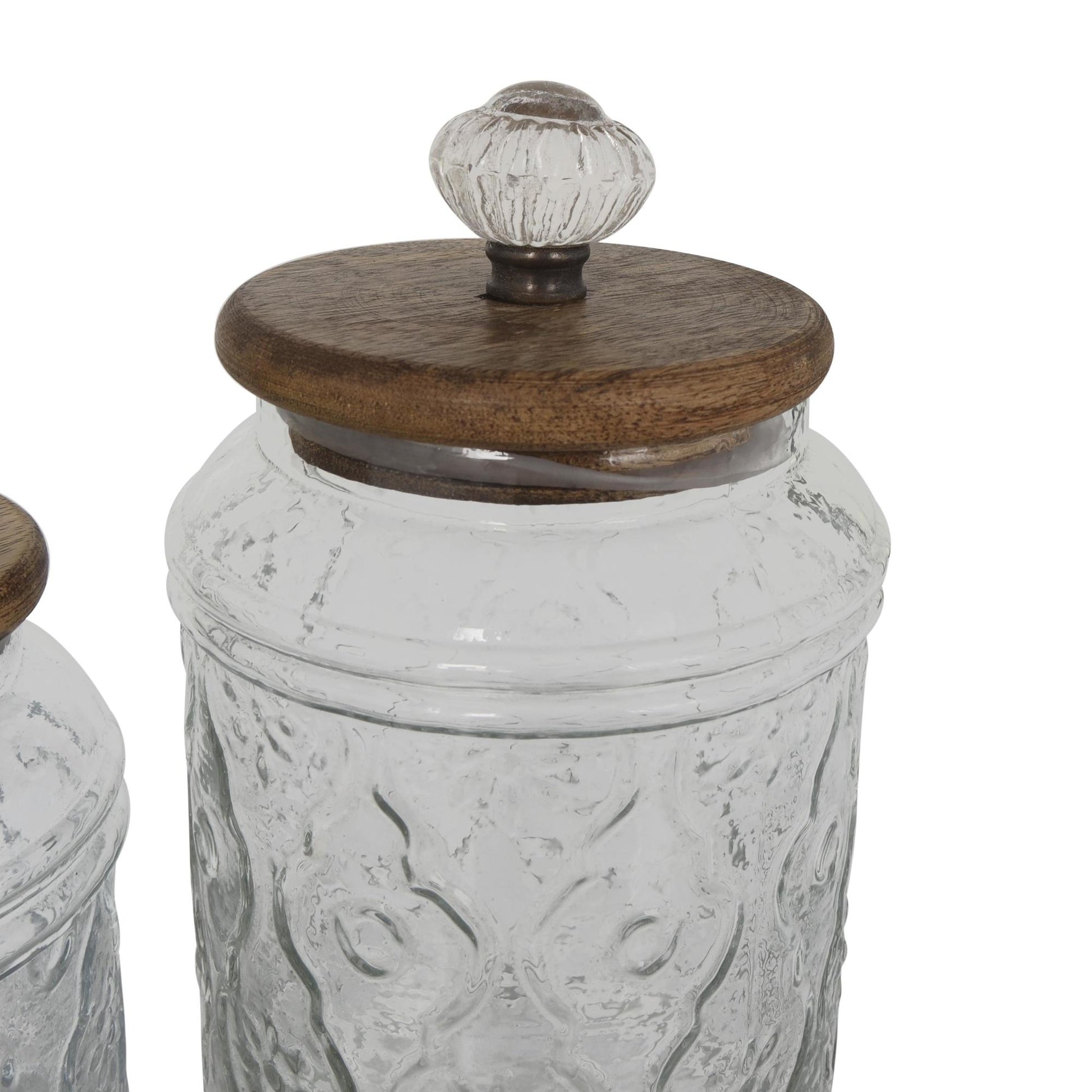 Set of 2 Floral Clear Glass Living Room Decorative Jars with Brown Wooden Lids and Antique Style Knobs