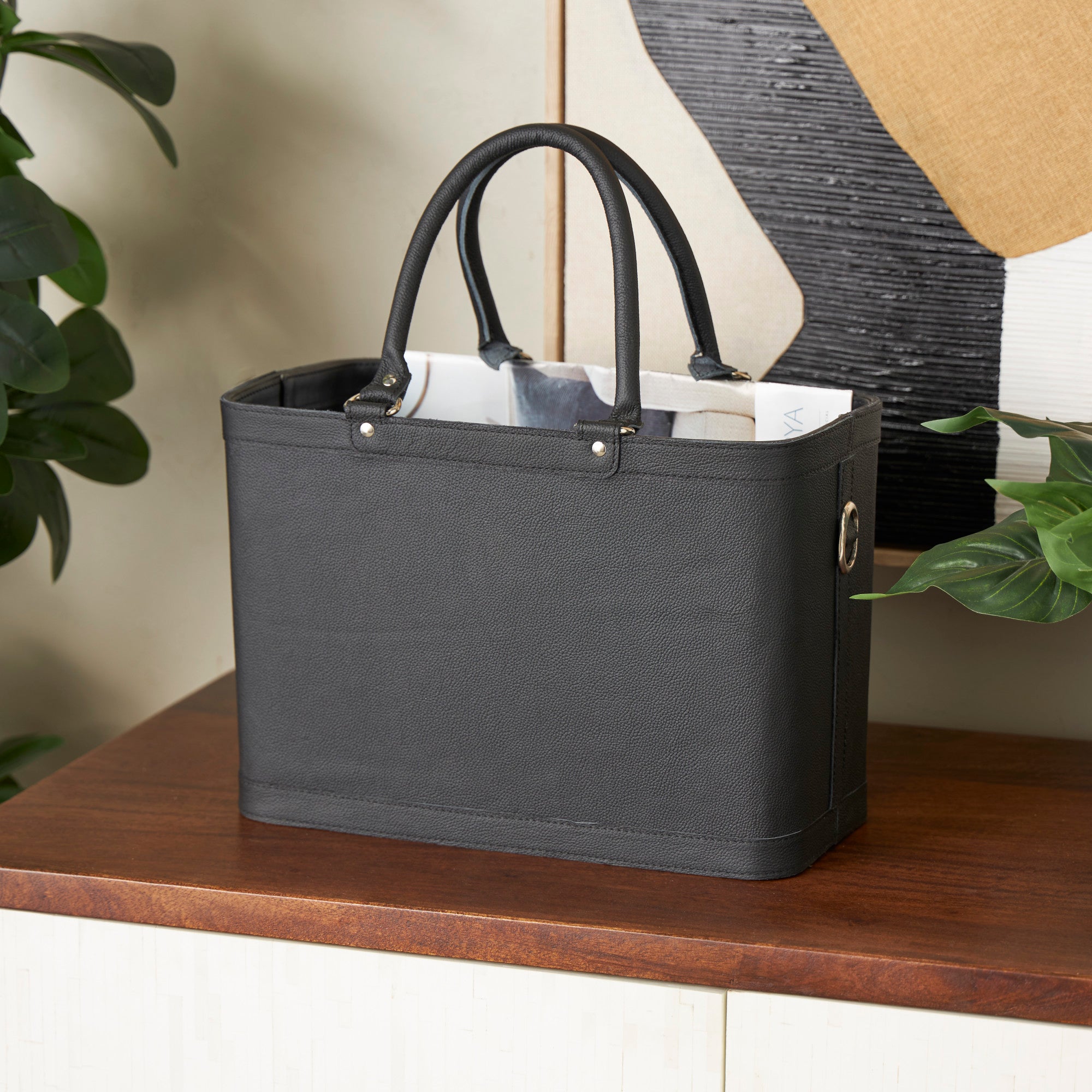 Black Leather Handmade Box Style Single Slot Decorative Magazine Holder with Arched Handles