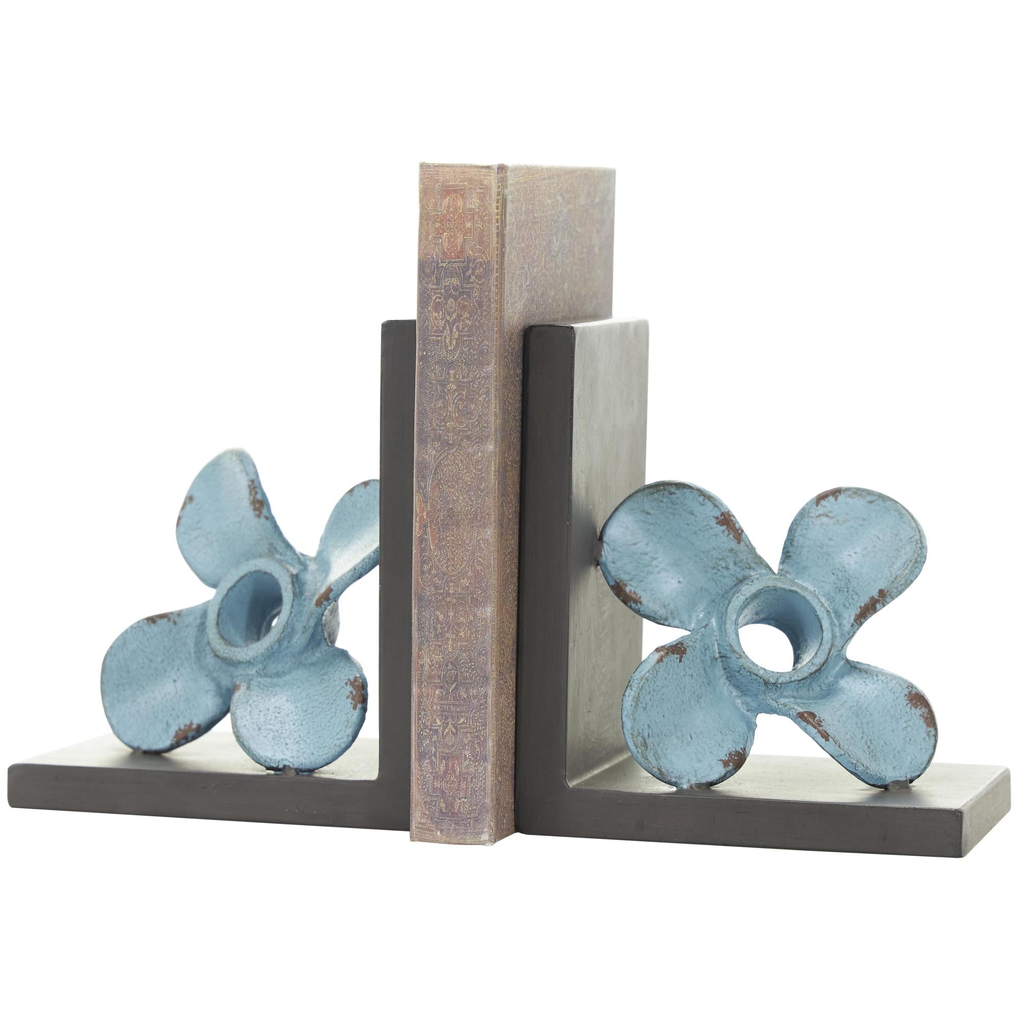 Set of 2 Boat Teal Metal Distressed Propeller Decorative Bookends with Brown L-Shaped Stands