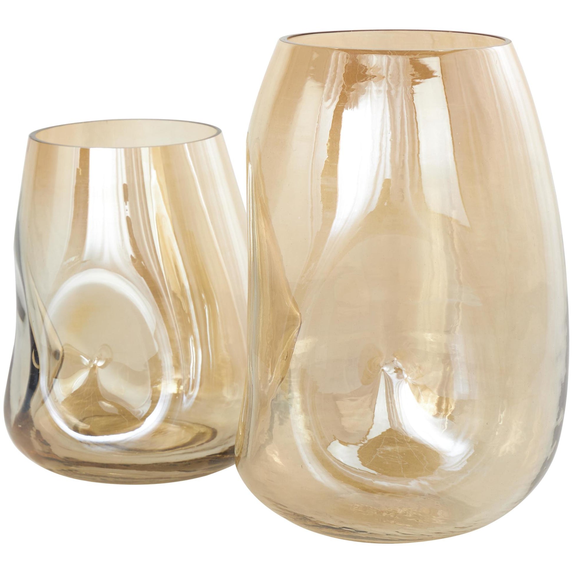 Set of 2 Abstract Gold Glass Concaved Iridescent Decorative Vase