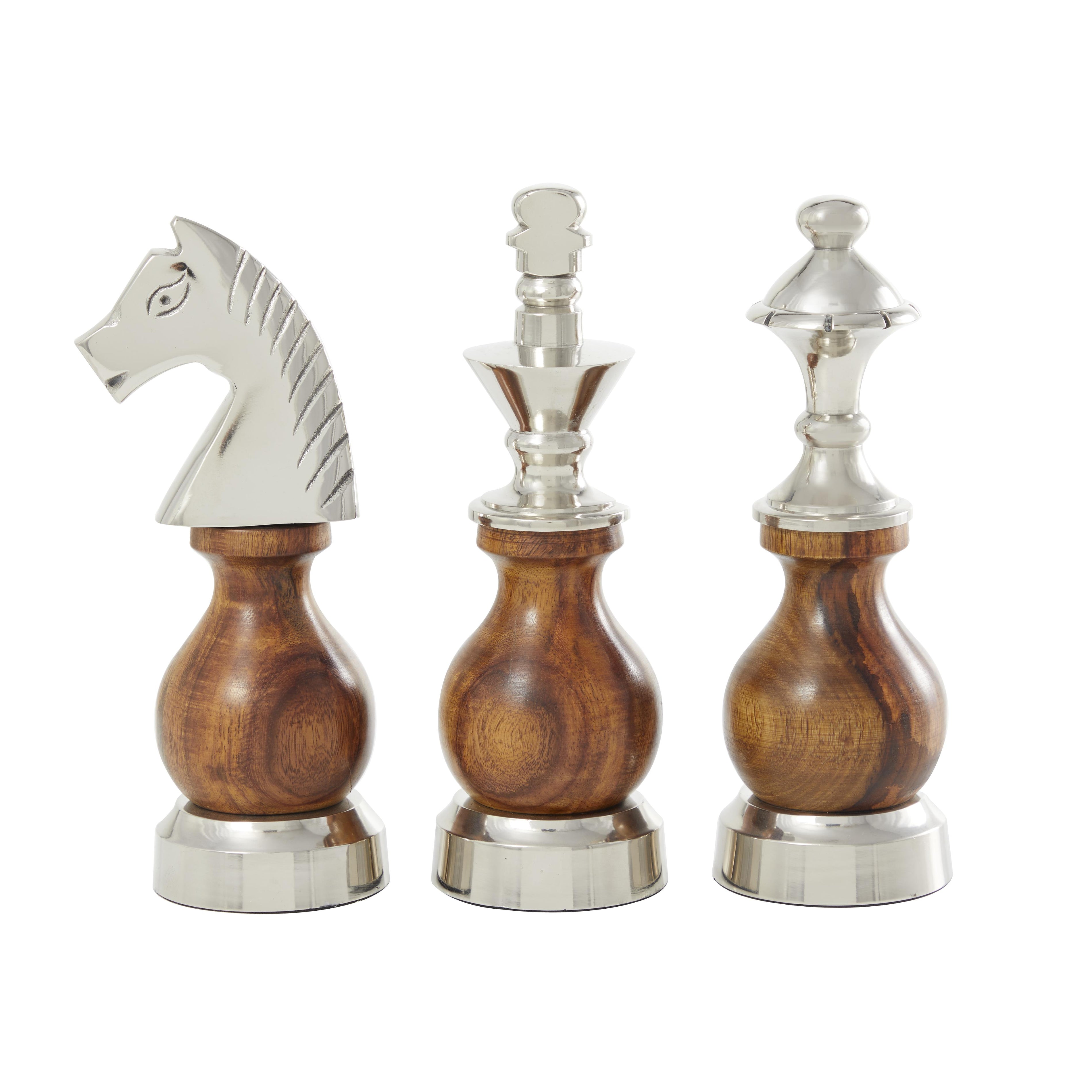 Set of 3 Chess Aluminum Metal King, Knight, Bishop Decorative Sculpture