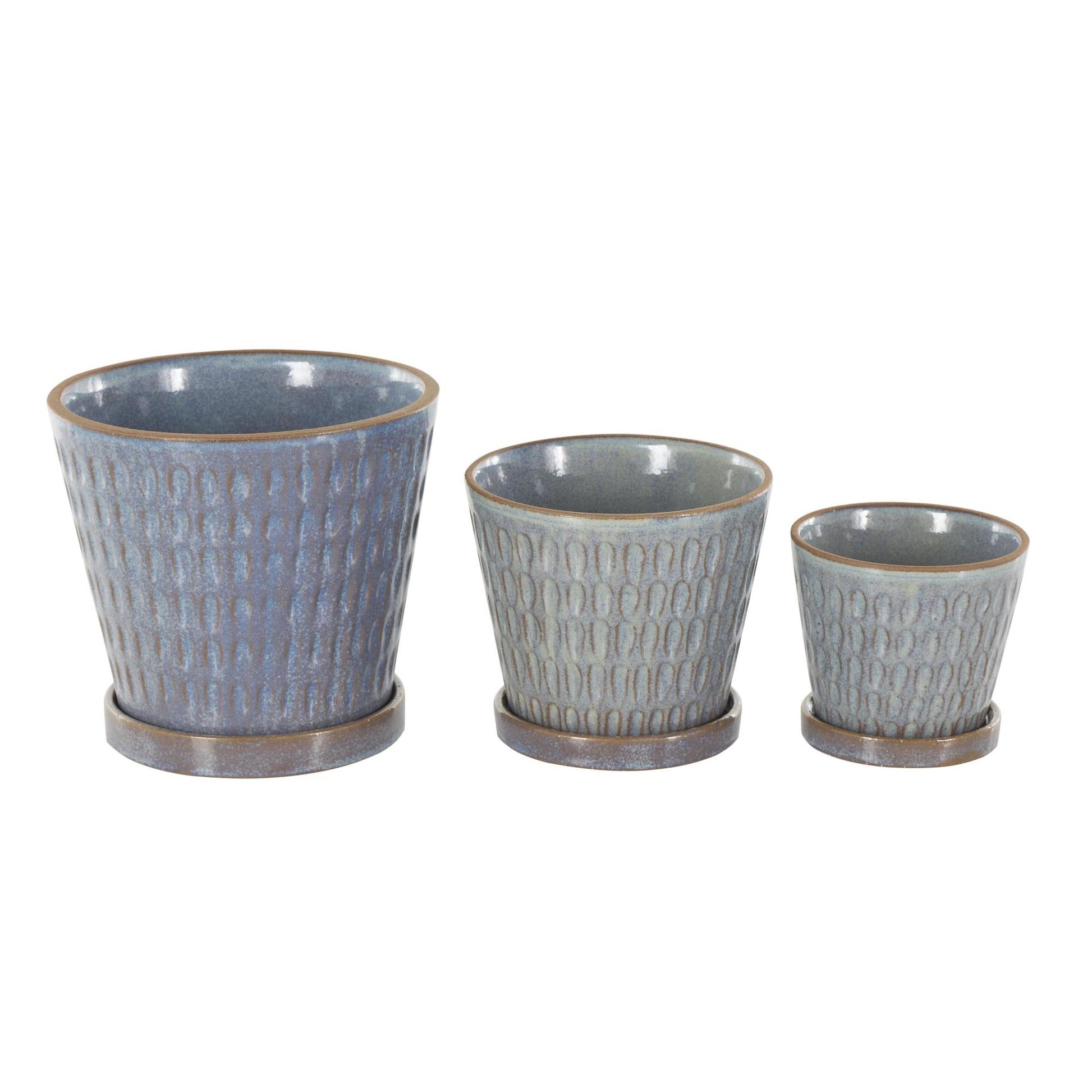 Set of 3 Geometric Blue Ceramic Oval Patterned Indoor Outdoor Planter with Brown Accents and Base Tray