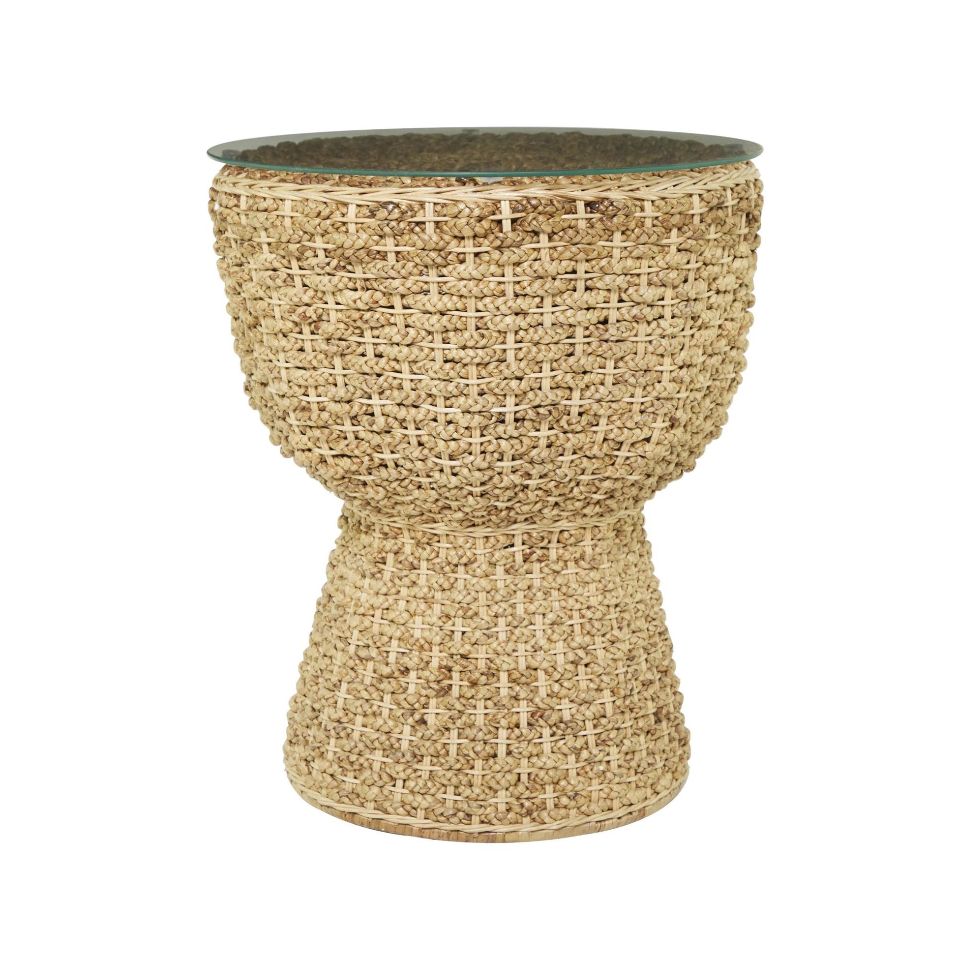 Brown Seagrass Handmade Woven Side End Accent Table with Glass Top