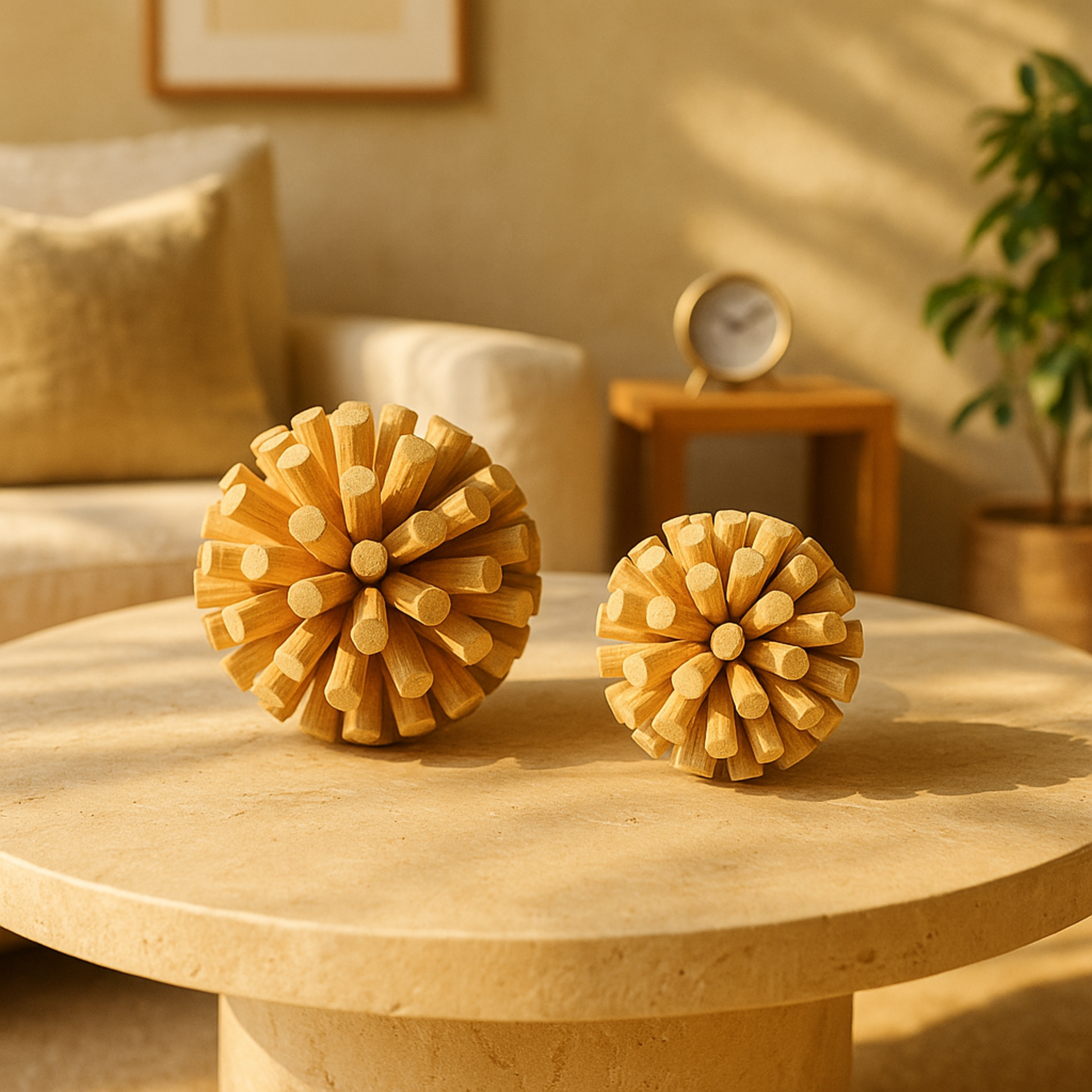 Set of 2 Brown Wood Handmade Tree Trunk Inspired Decorative Orbs & Vase Filler