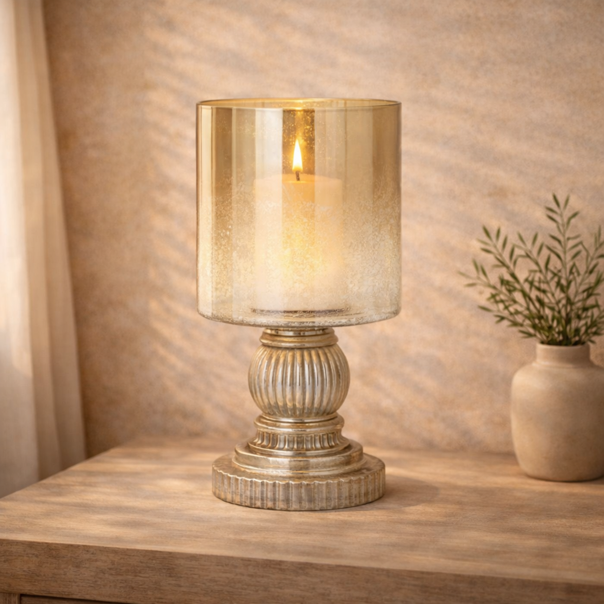 Glass Handmade Turned Style Pillar Room Hurricane Lamp with Faux Mercury Glass Finish