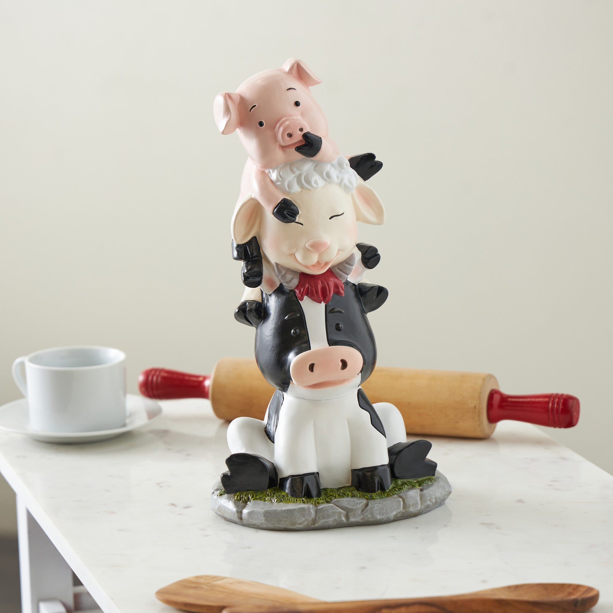 Farm Animals Multi Colored Polystone Stacked Decorative Sculpture with Gray and Green Accents
