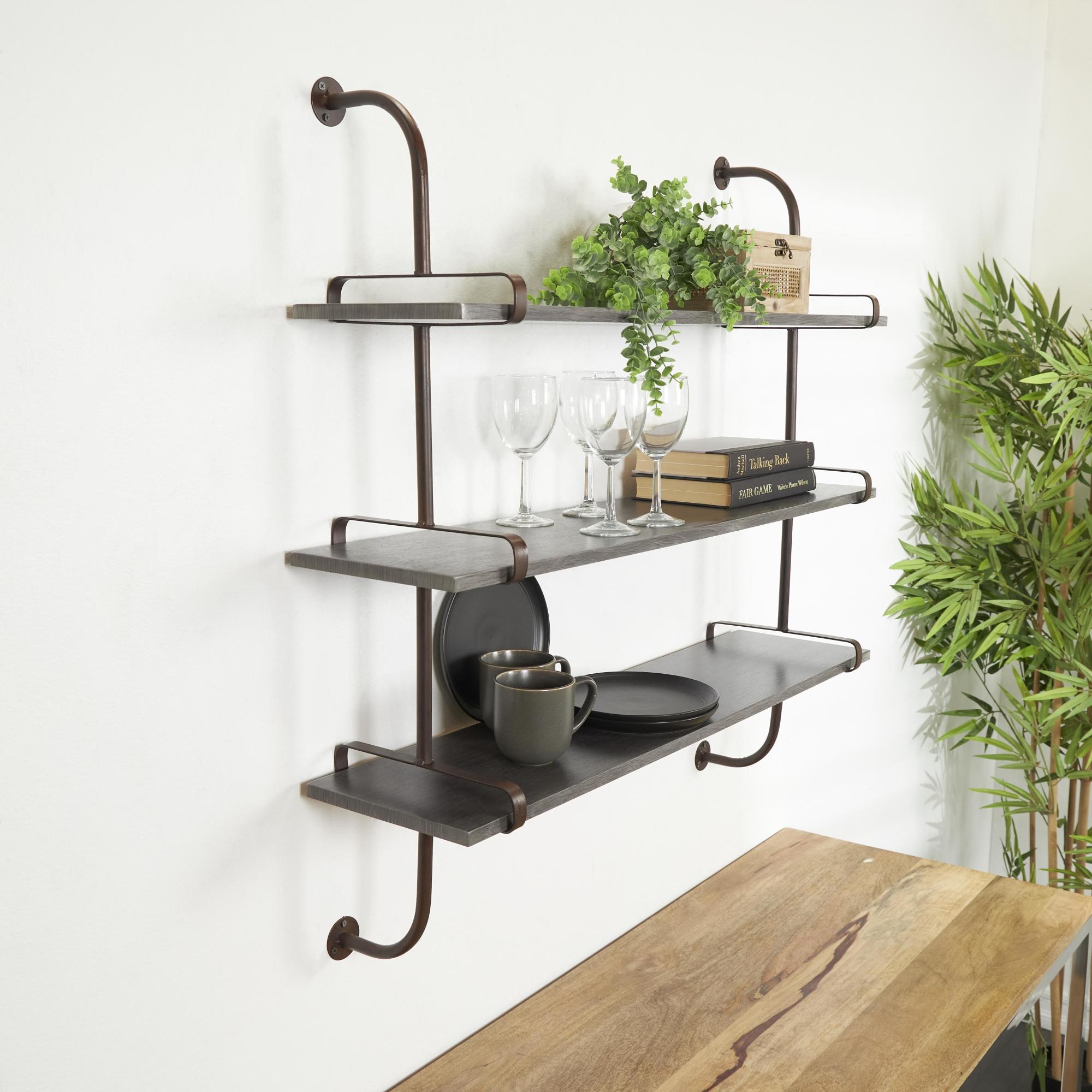 Wood 3 Shelf Room Wall Shelf with Black Metal Brackets 38" x 10" x 39"