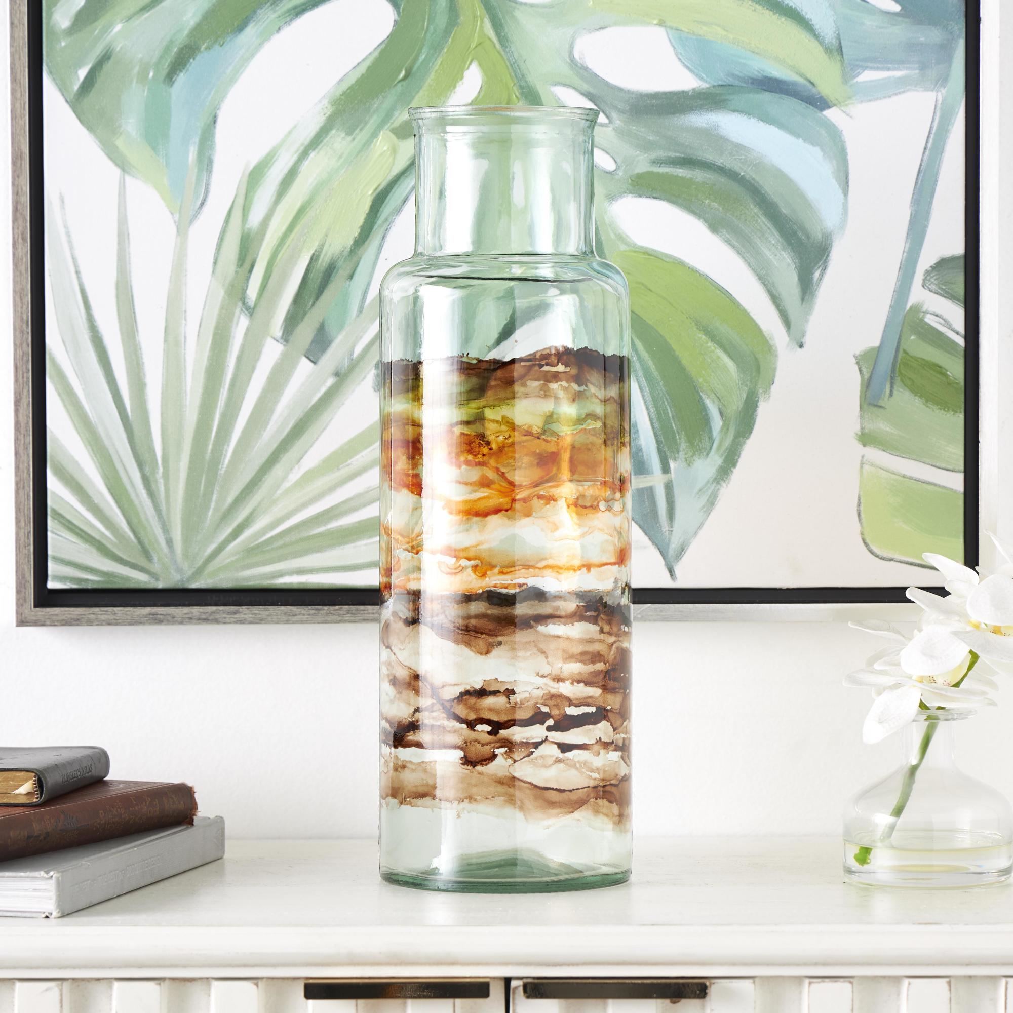 Abstract Recycled Glass Handmade Slim Spanish Bottle Neck Decorative Vase with Ombre Swirled Bands
