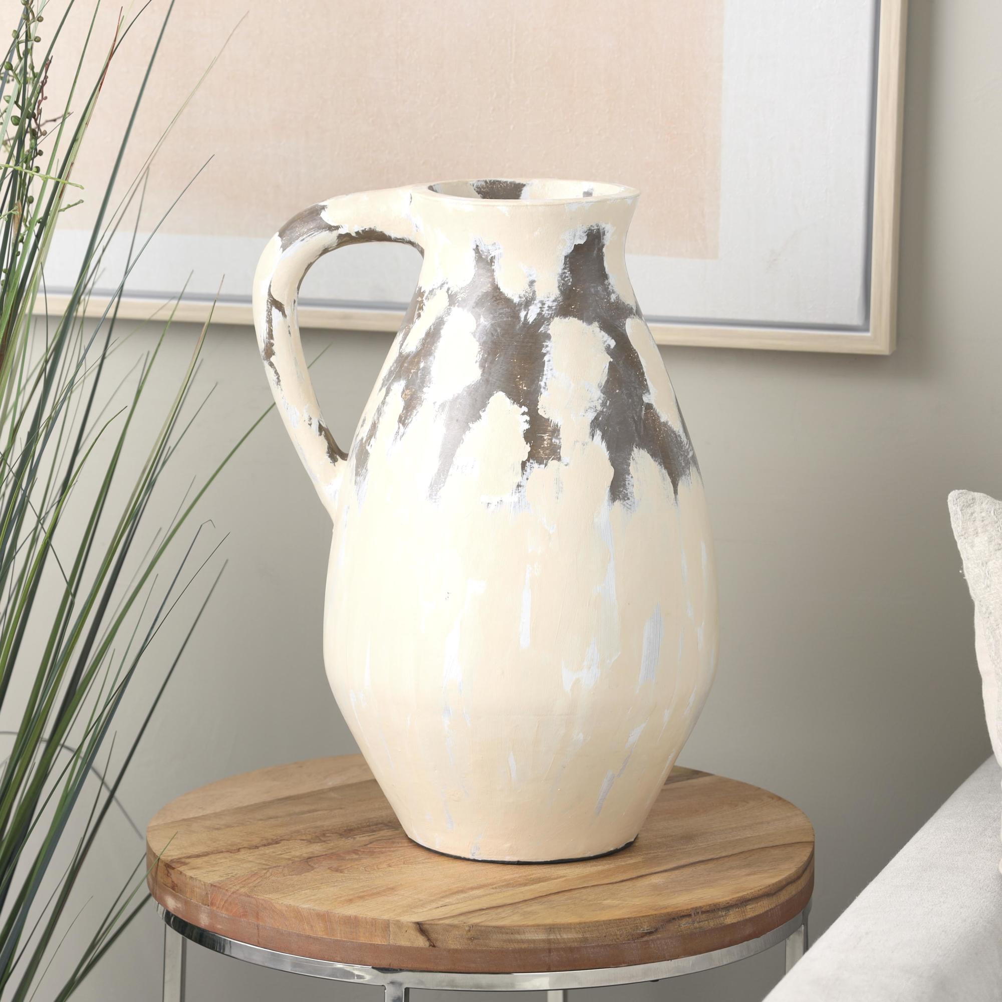 Cream Ceramic Antique Style Pot Decorative Vase with Curved Handle