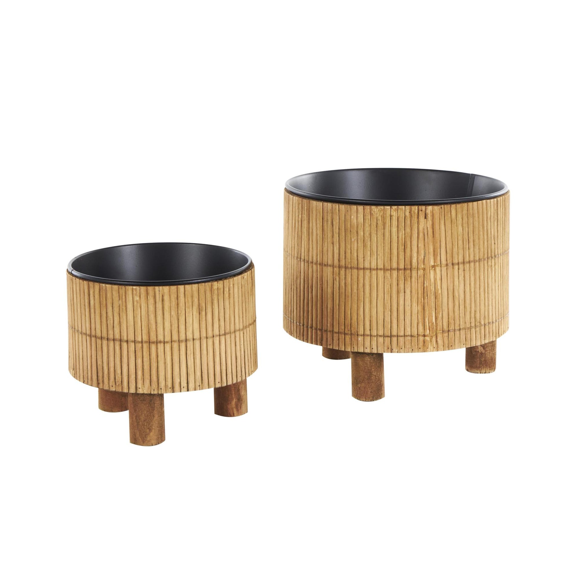 Set of 2 Brown Bamboo Wood Handmade Indoor Planter with Black Metal Interior
