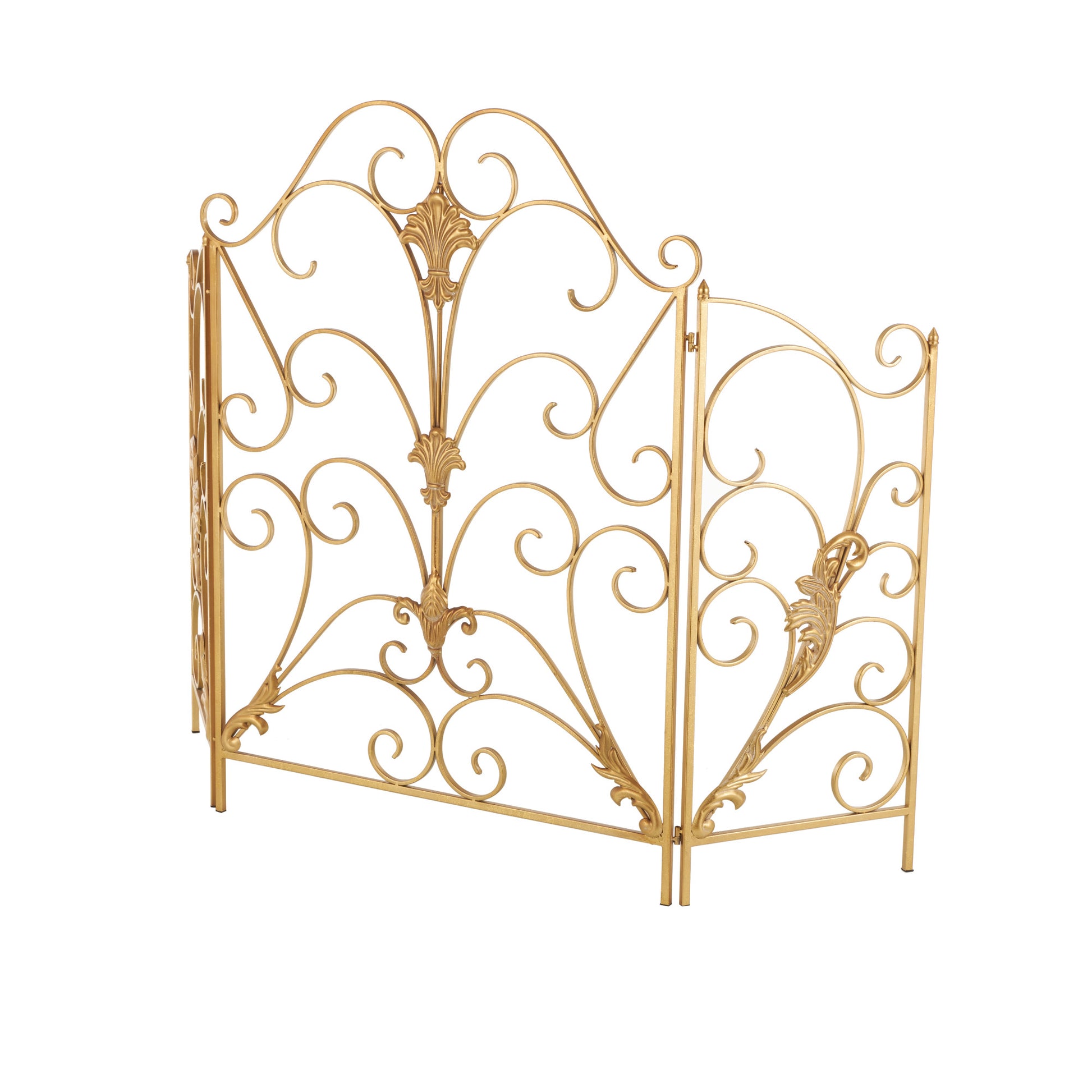 Scroll Gold Metal Foldable 3 Panel Living Room Fireplace Screen with Fleur De Lis Accents