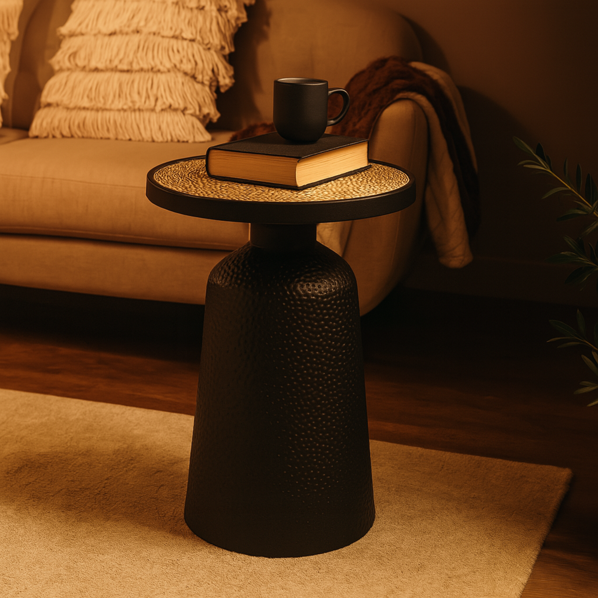 Black Metal Handmade Side End Accent Table with Rope Tabletop