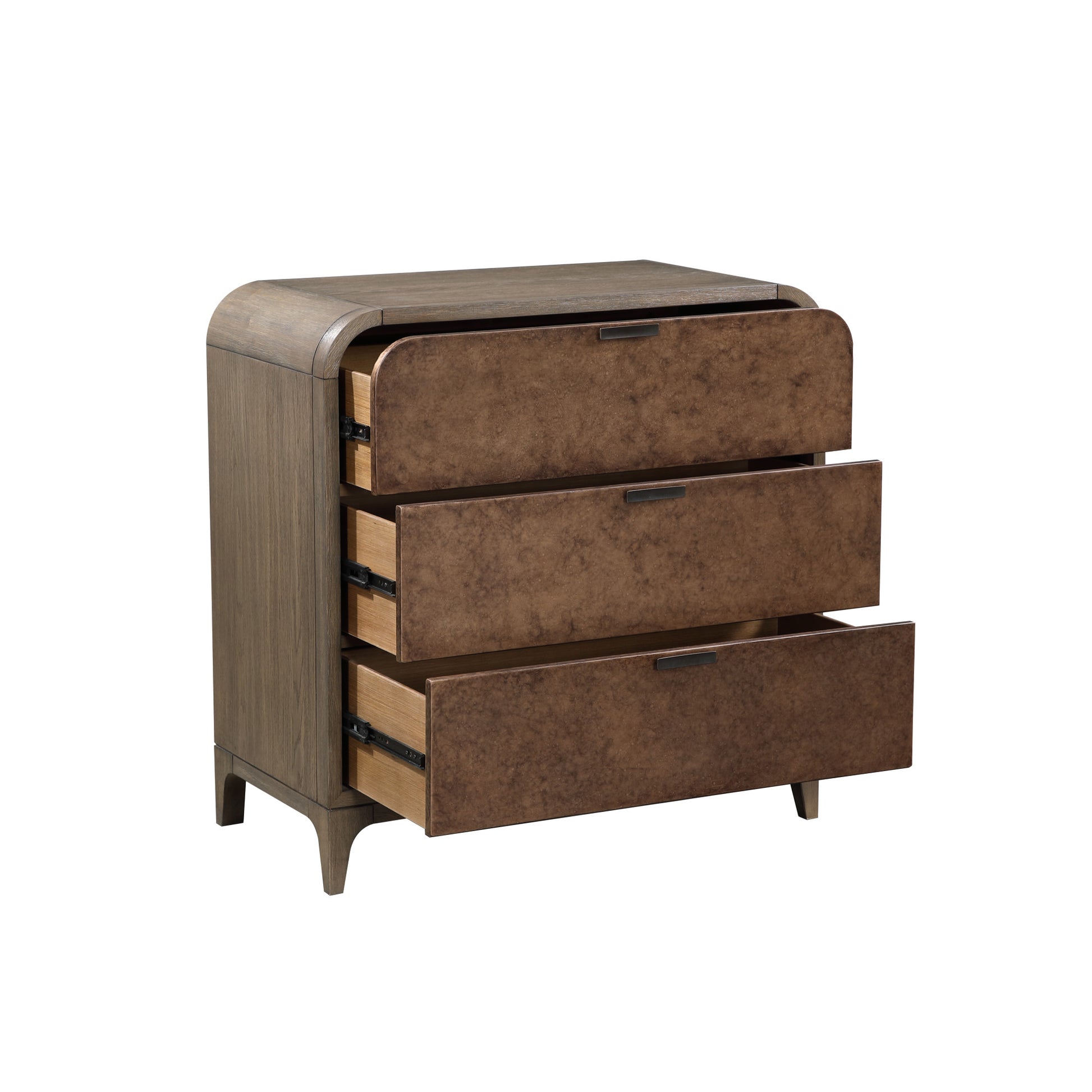 Brown Wooden 3 Drawer Room Dresser with Natural Wood Grains and Black Handles