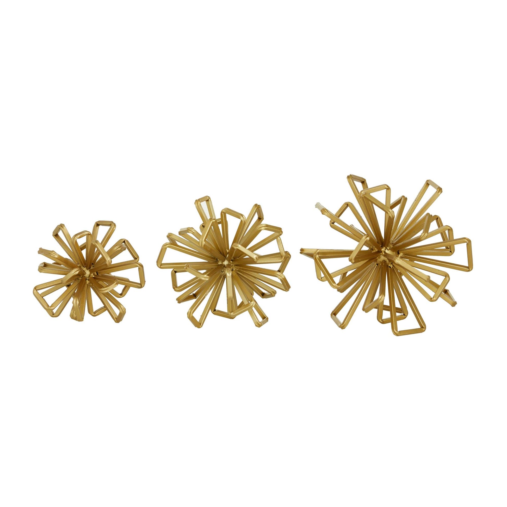 Set of 3 Geometric Gold Metal Wire Rod Orb Decorative Sculpture