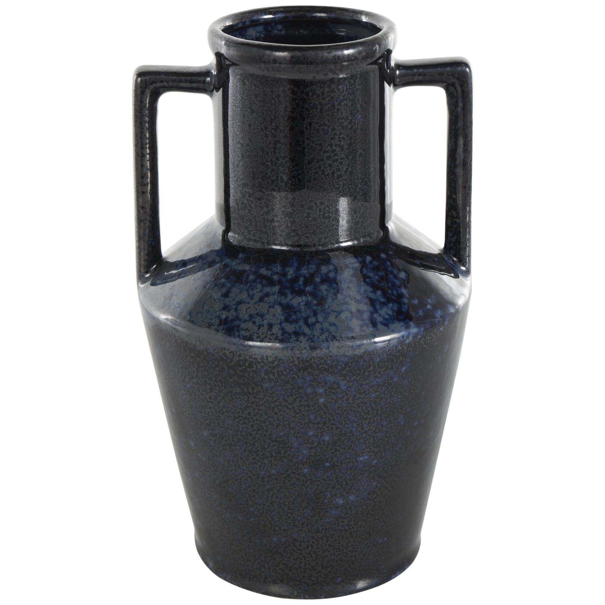 Dark Blue Ceramic Ombre Textured Decorative Vase with Rectangular Handles