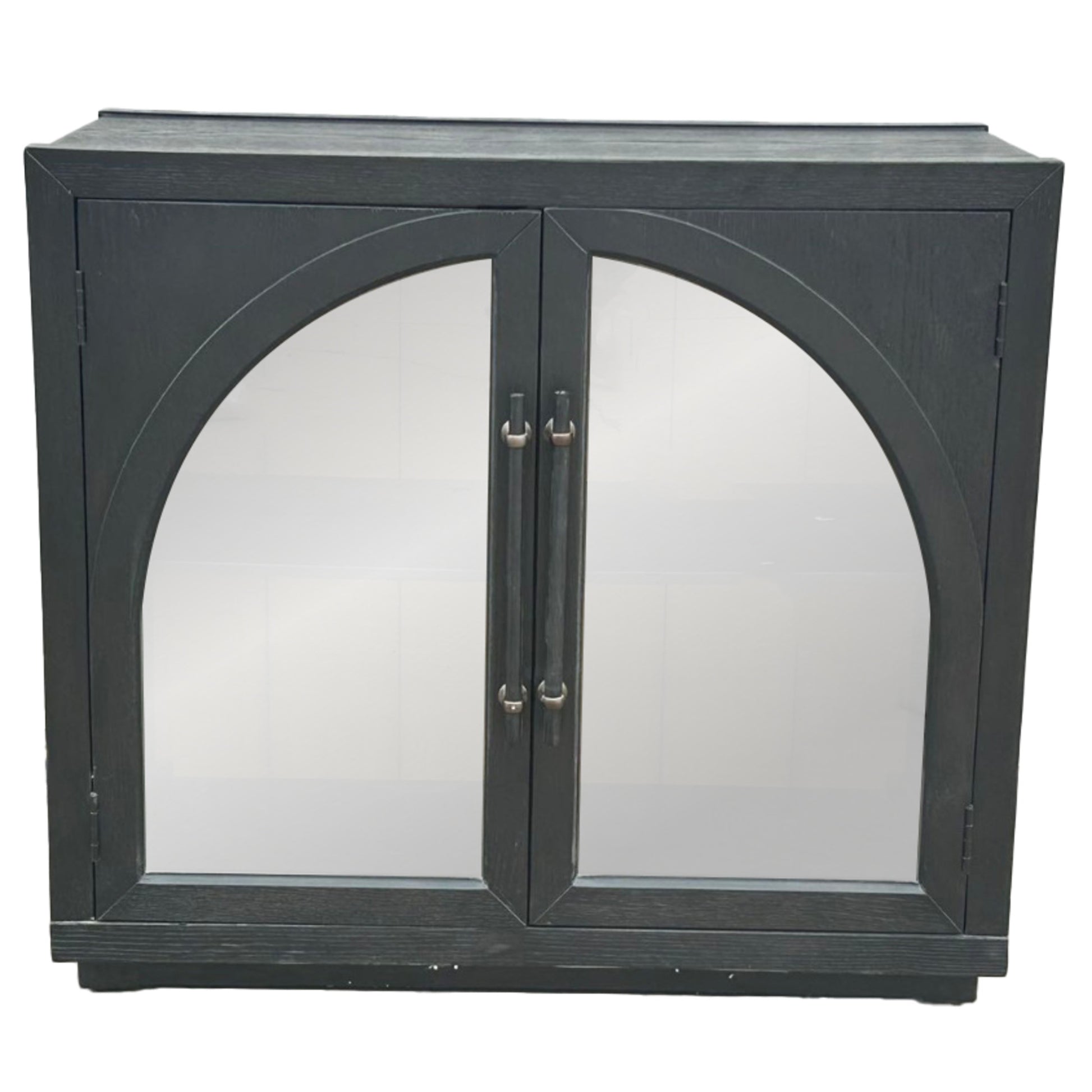Black Wooden Arched Glass Front 2 Door Room Cabinet with Slatted Brown Interior and Extended Bar Handles