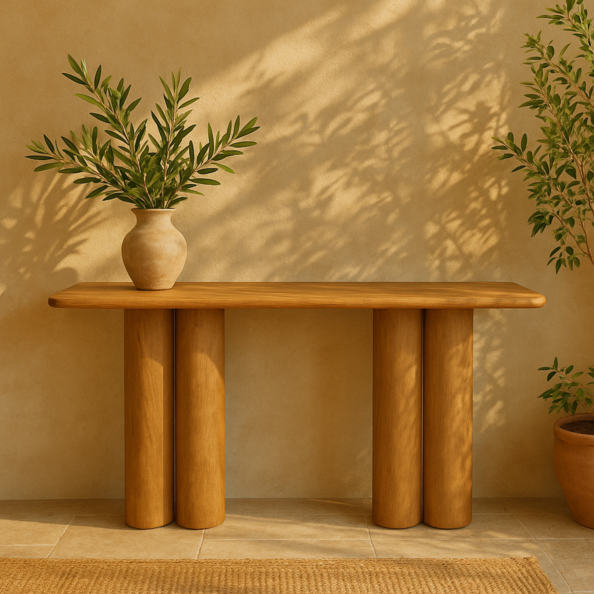 Brown Wood Handmade Rectangular Living Room Console Table with Pillar Legs