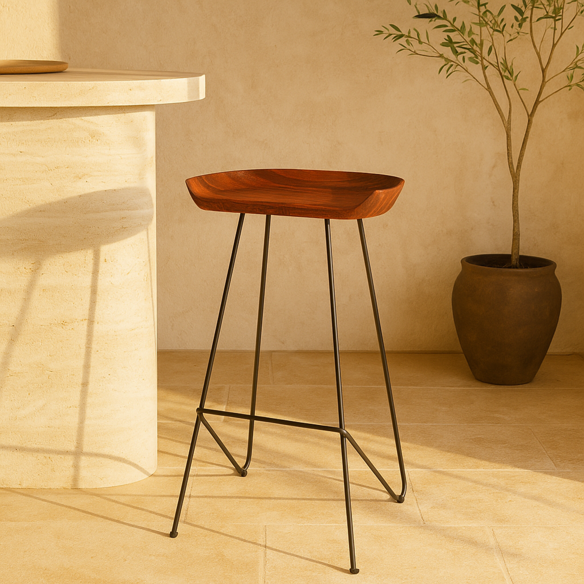 Brown Wood Kitchen Bar Stool with Wood Seat