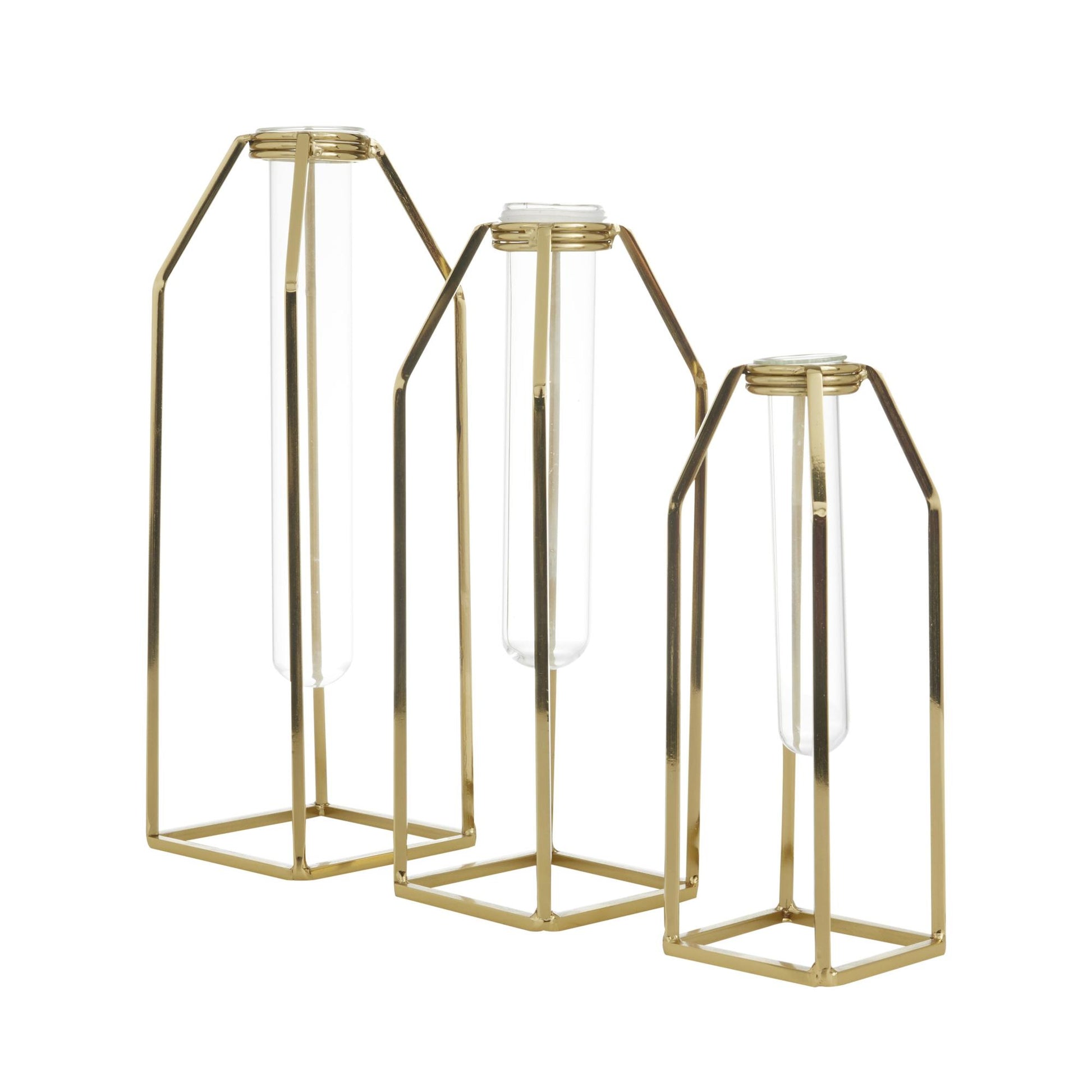 CosmoLiving by Cosmopolitan Set of 3 Gold Stainless Steel Metal Test Tube Decorative Vase