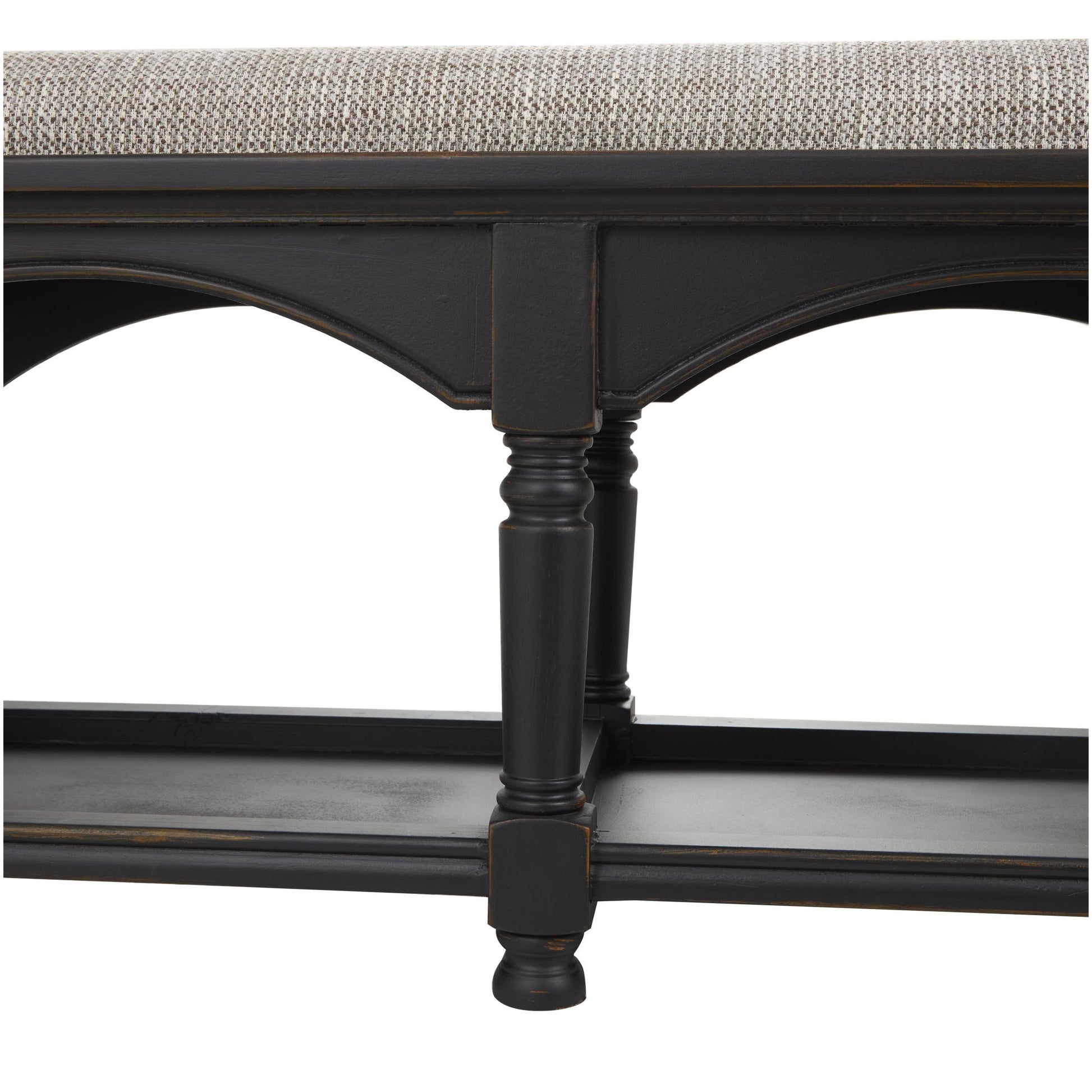 Black Wooden Arched Storage Home Bench with Traditional Turned Legs and Beige Cushion