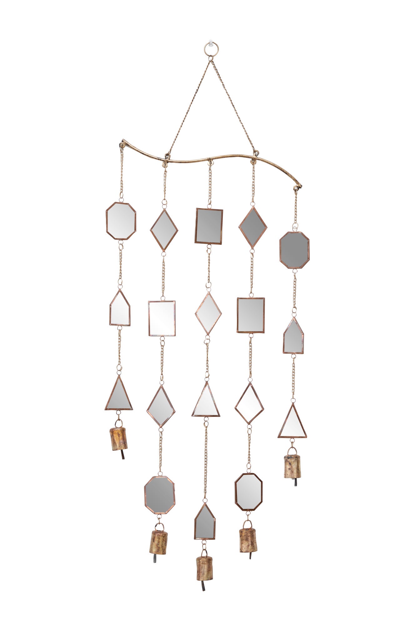 Geometric Brown Metal Indoor Outdoor Windchime with Glass Mirrors and Bells