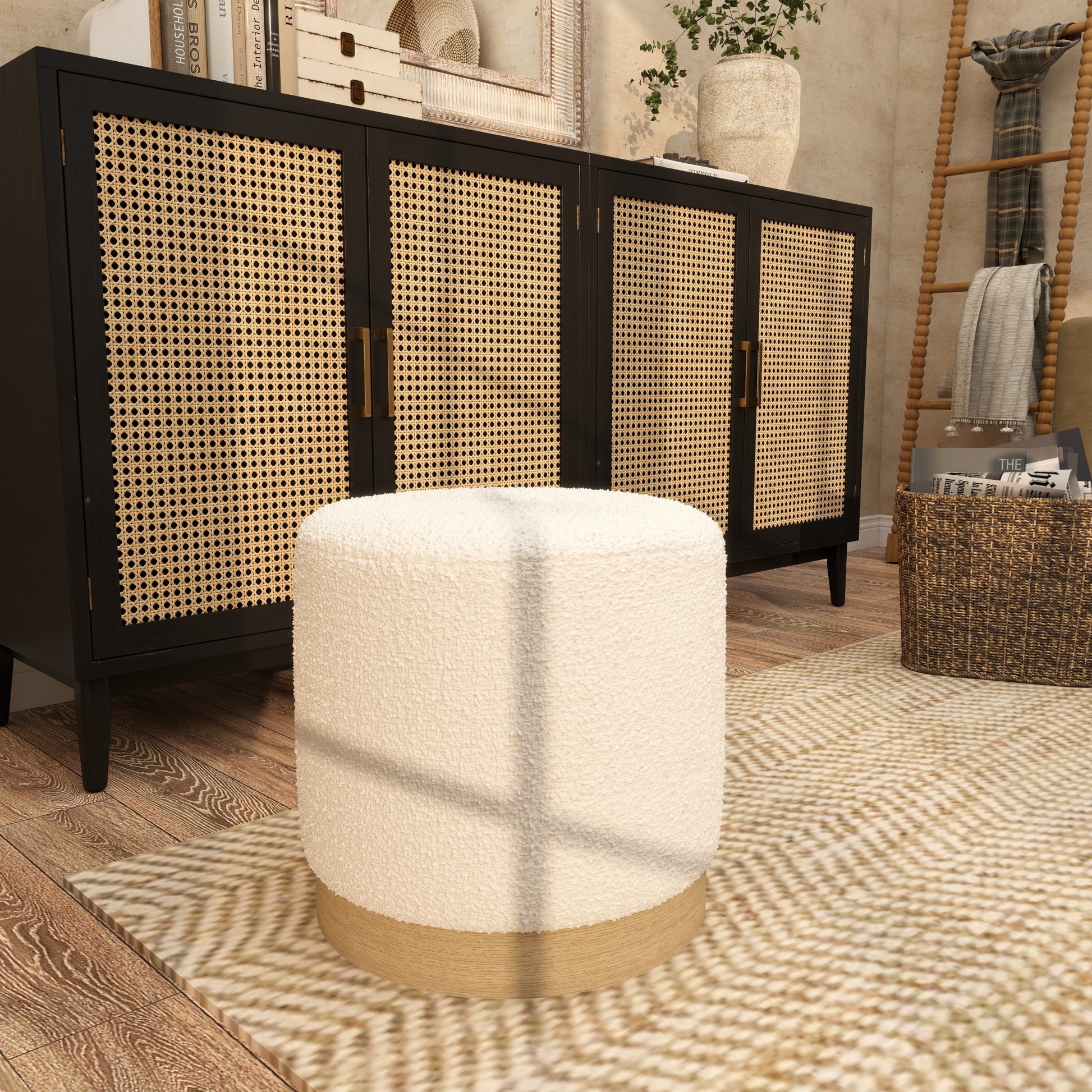 Geometric White Polyester Boucle Living Room Stool with Brown Wooden Base