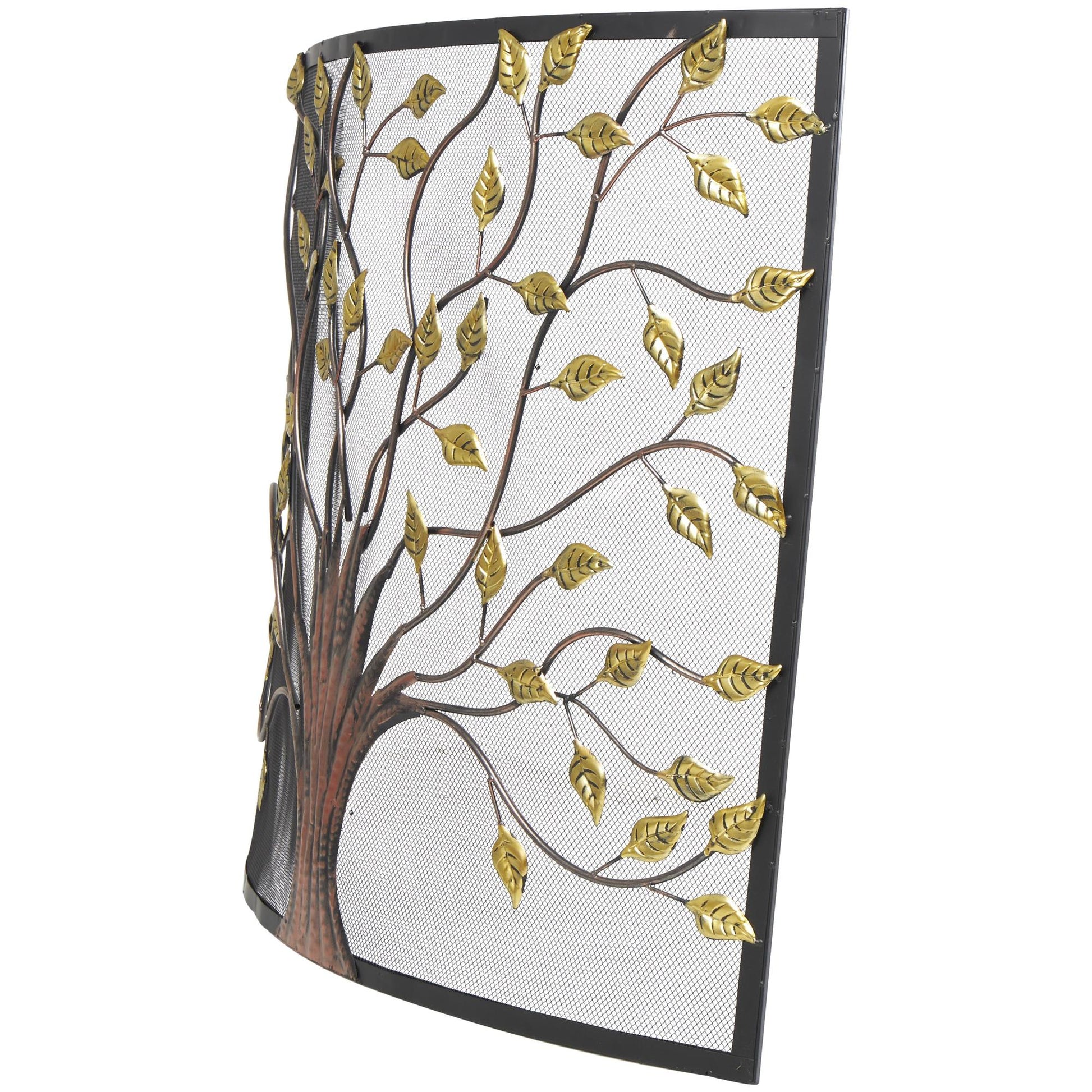 Tree Bronze Metal Sculpted Relief Single Panel Living Room Fireplace Screen with Curved Mesh Netting