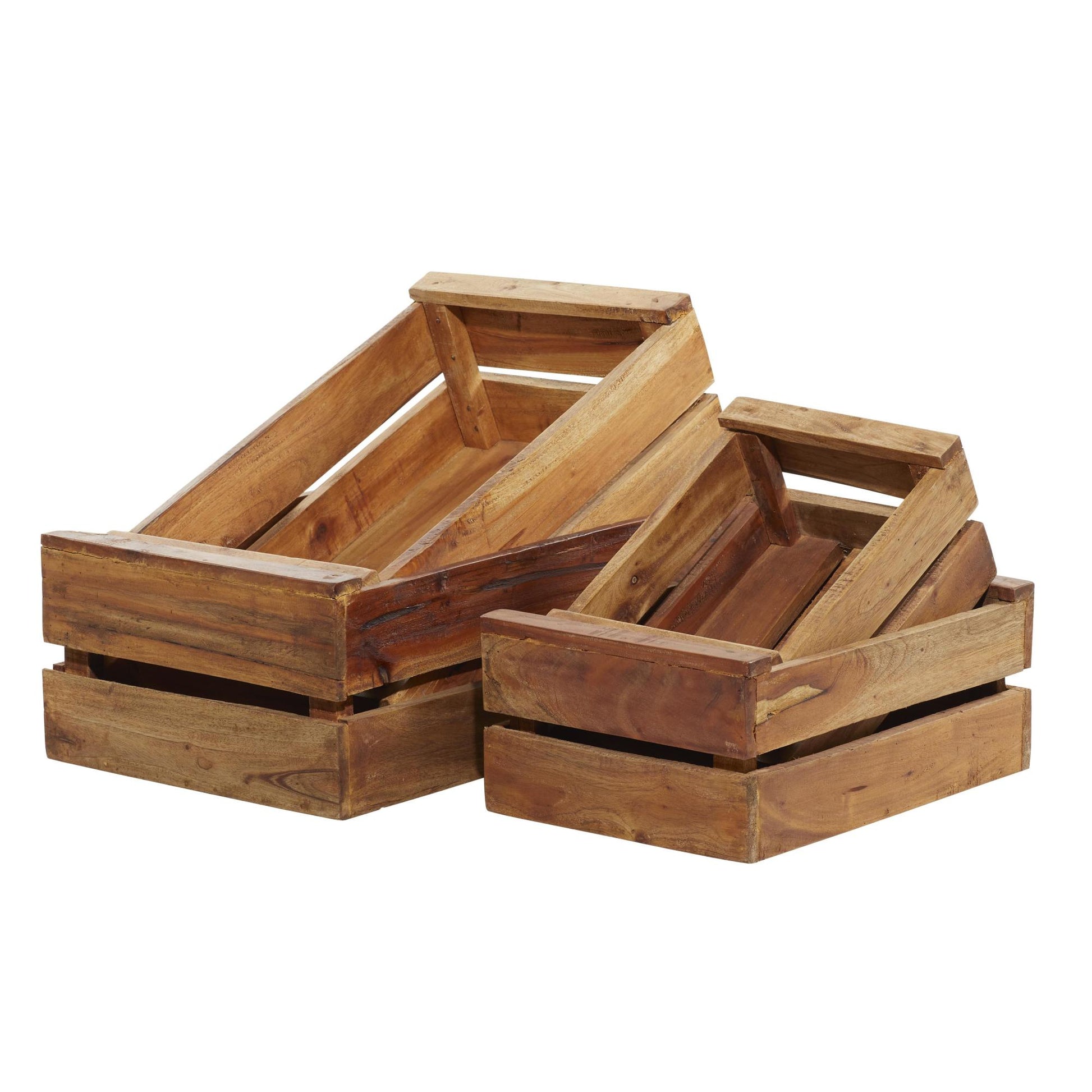 Set of 4 Brown Wood Handmade Natural Rectangular Crate Decorative and Functional Storage Basket