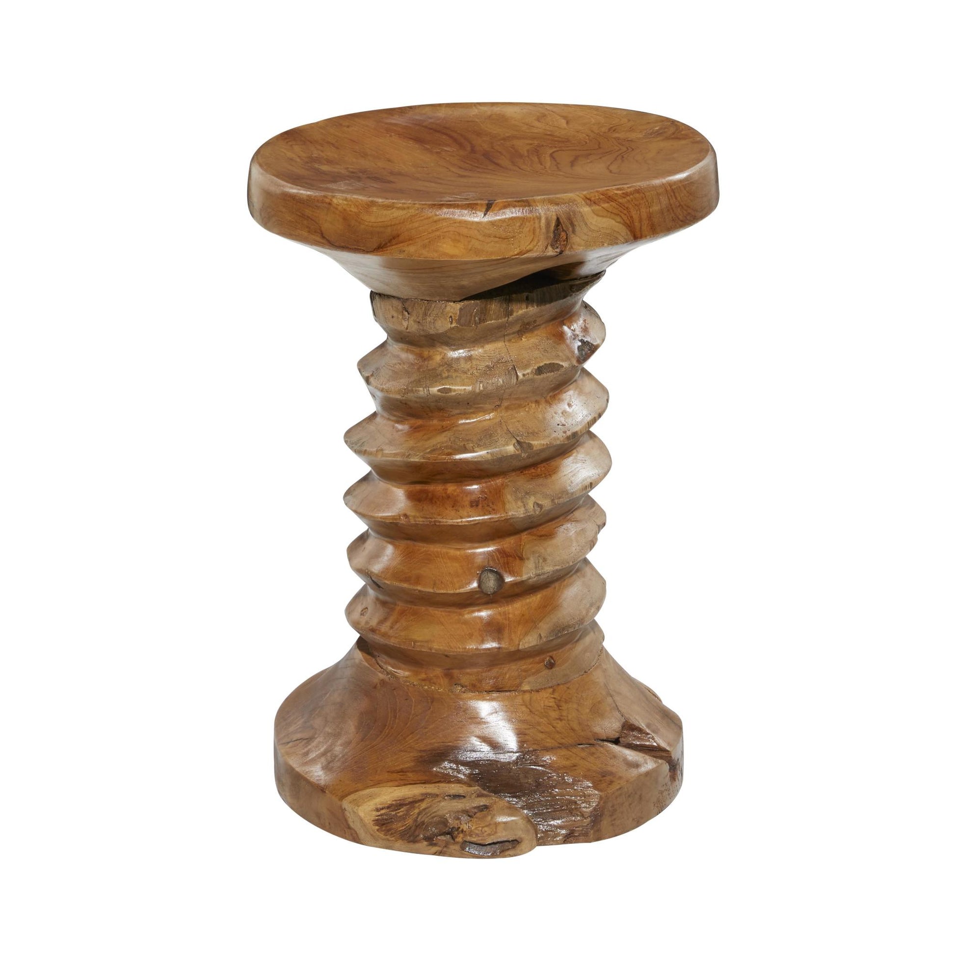 Brown Teak Wood Handmade Live Edge Side End Accent Table with Coiled Base