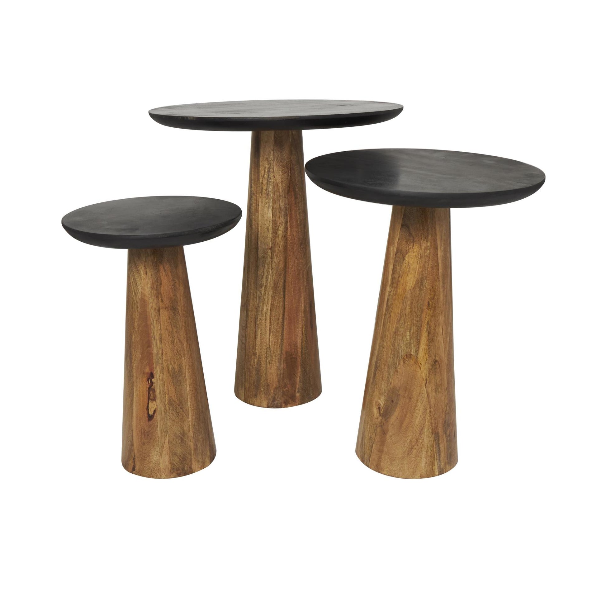 Set of 3 Brown Mango Wood Handmade Cone Shaped Side End Accent Table with Black Tabletops