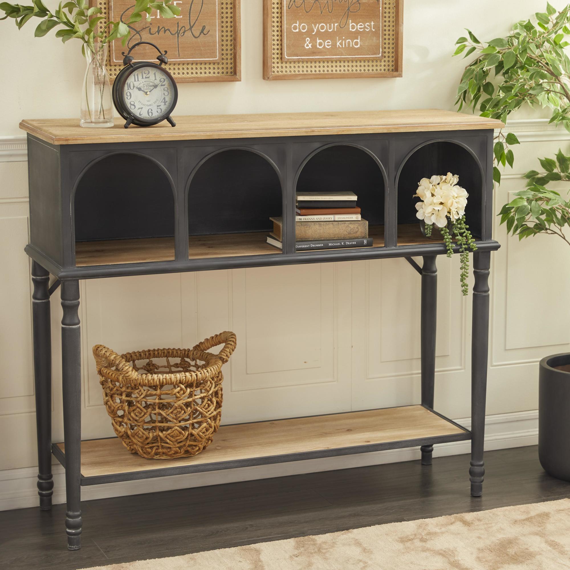 Black Metal Arched 2 Shelf and 4 Cubby Living Room Console Table with Brown Wood Shelves